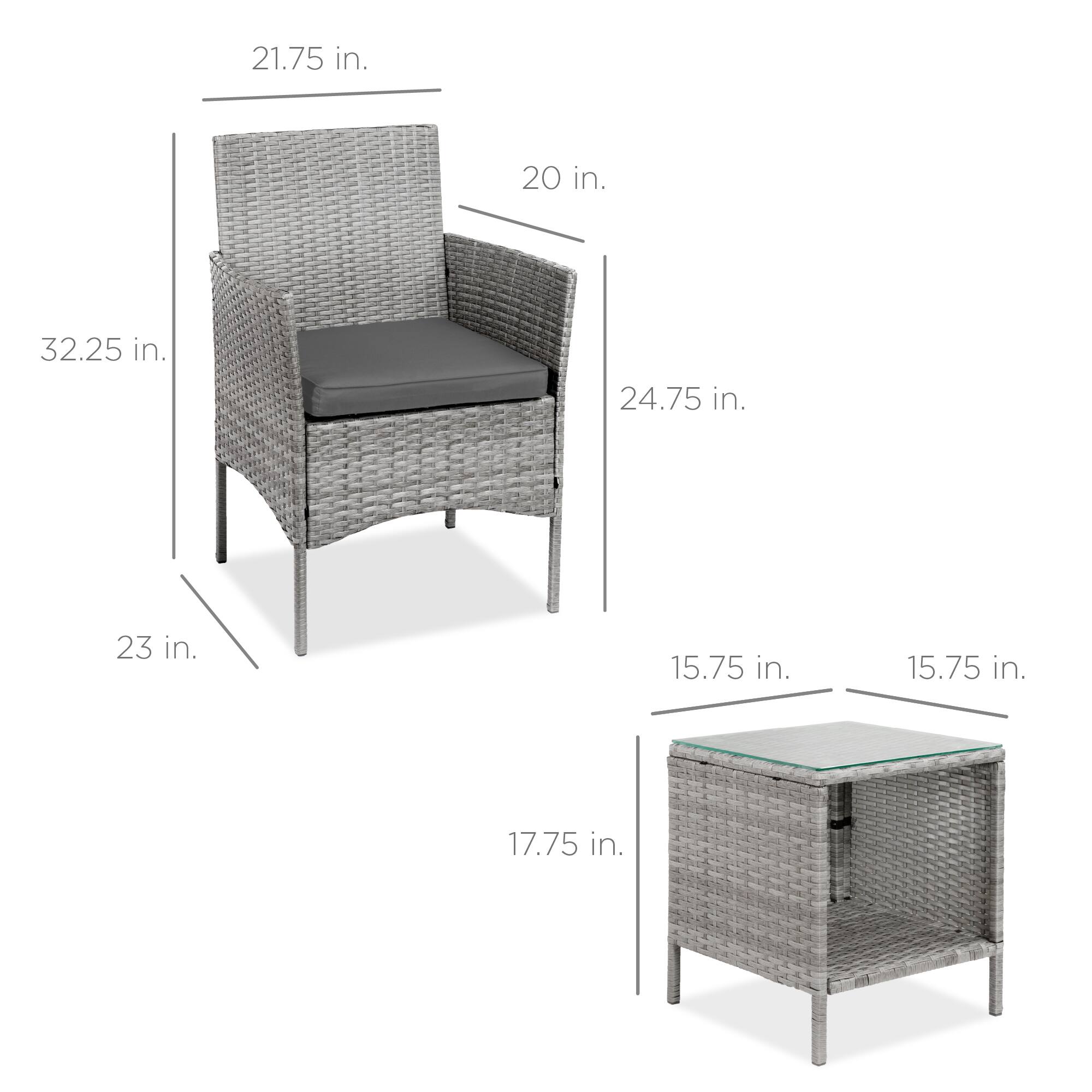 - Chair:
  - Height: 32.25 in.
  - Width: 21.75 in.
  - Depth: 24.75 in.
  - Seat Height: 17.75 in.
  - Armrest Height: 20 in.
  - Seat Depth: 23 in.

- Table:
  - Height: 15.75 in.
  - Width: 15.75 in.
  - Depth: 15.75 in.