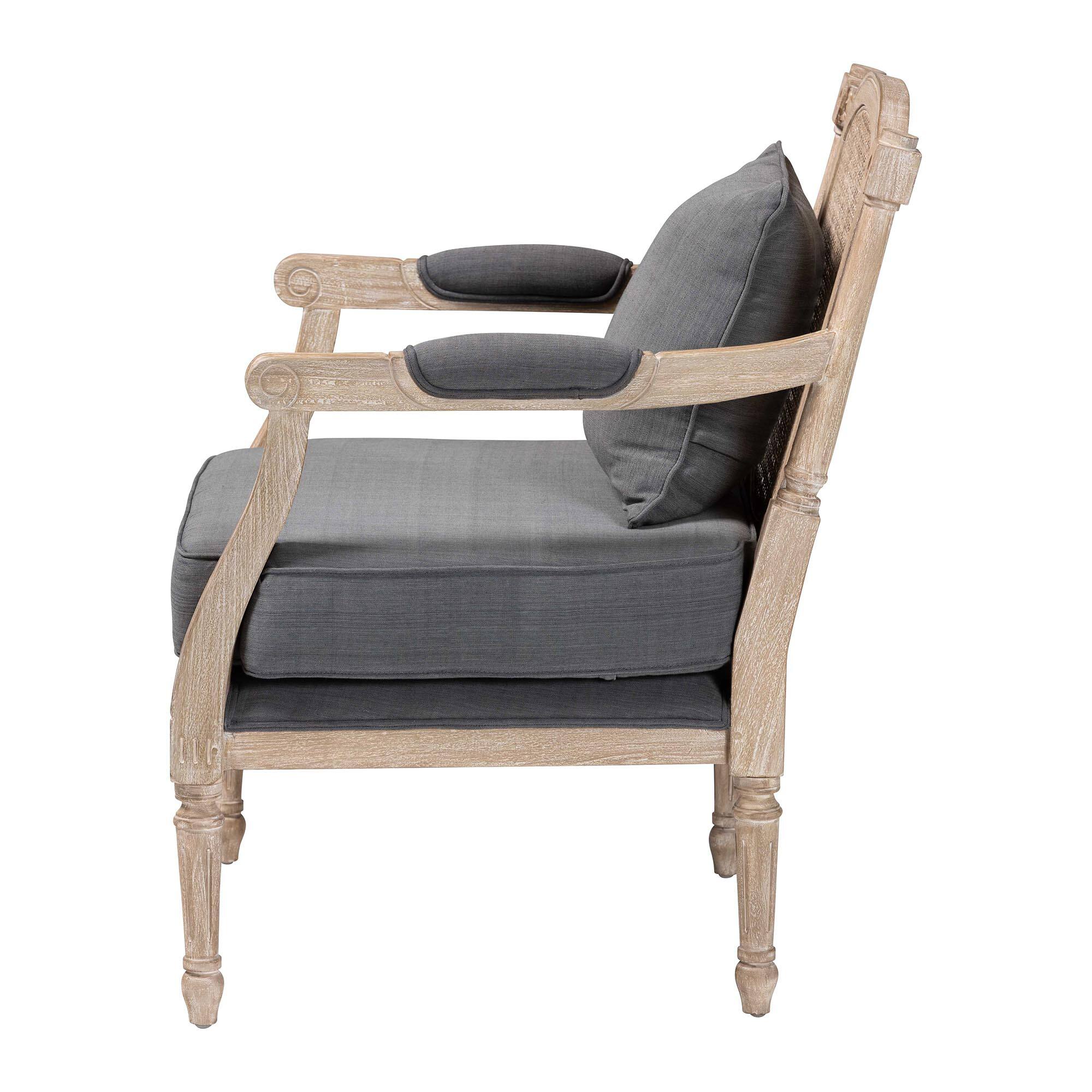 Left. bali & pari - Clemence French Provincial Fabric Whitewashed Mahogany Wood Armchair - Grey/Whitewashed Brown.