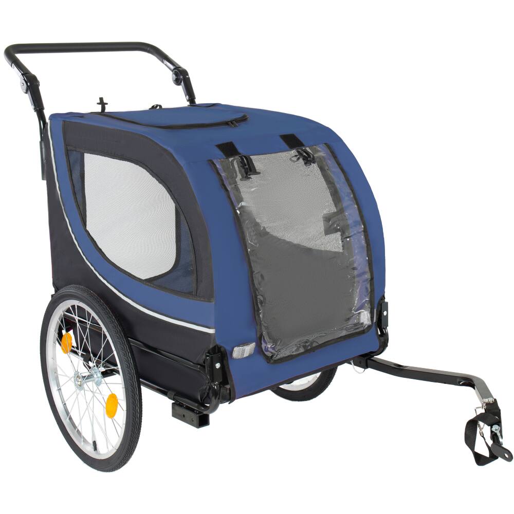 Left. JUJABU - 2-in-1 Foldable Pet Carrier Cart for Dogs up to 100lbs with Breathable Mesh and PVC Rain Cover, Dark Blue.