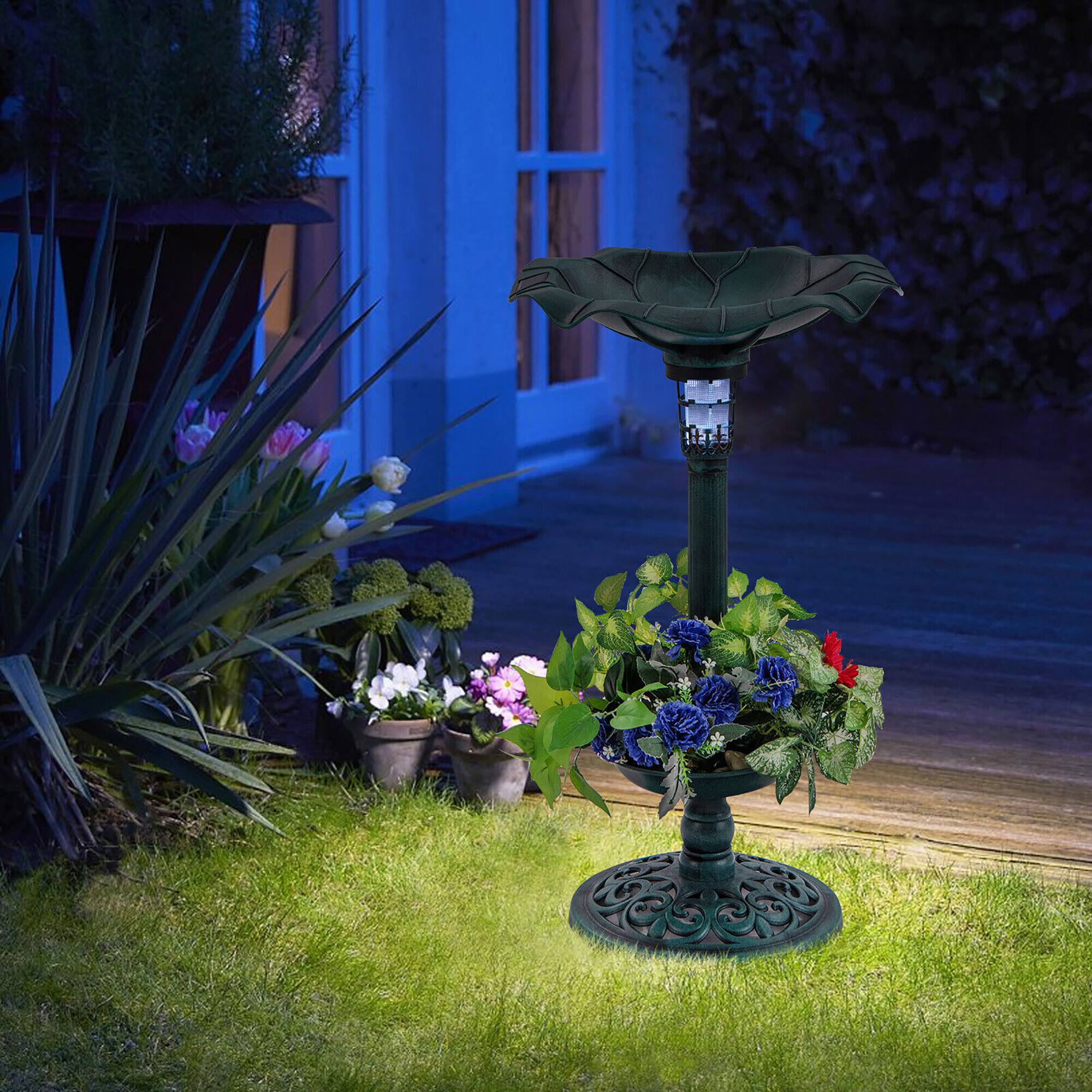 Alt View 1. Gymax - Gymax Solar Bird Bath Standing Pedestal Birdbath & Feeder Combo w/ Lotus Leaf Bowl Bronze - Bronze.