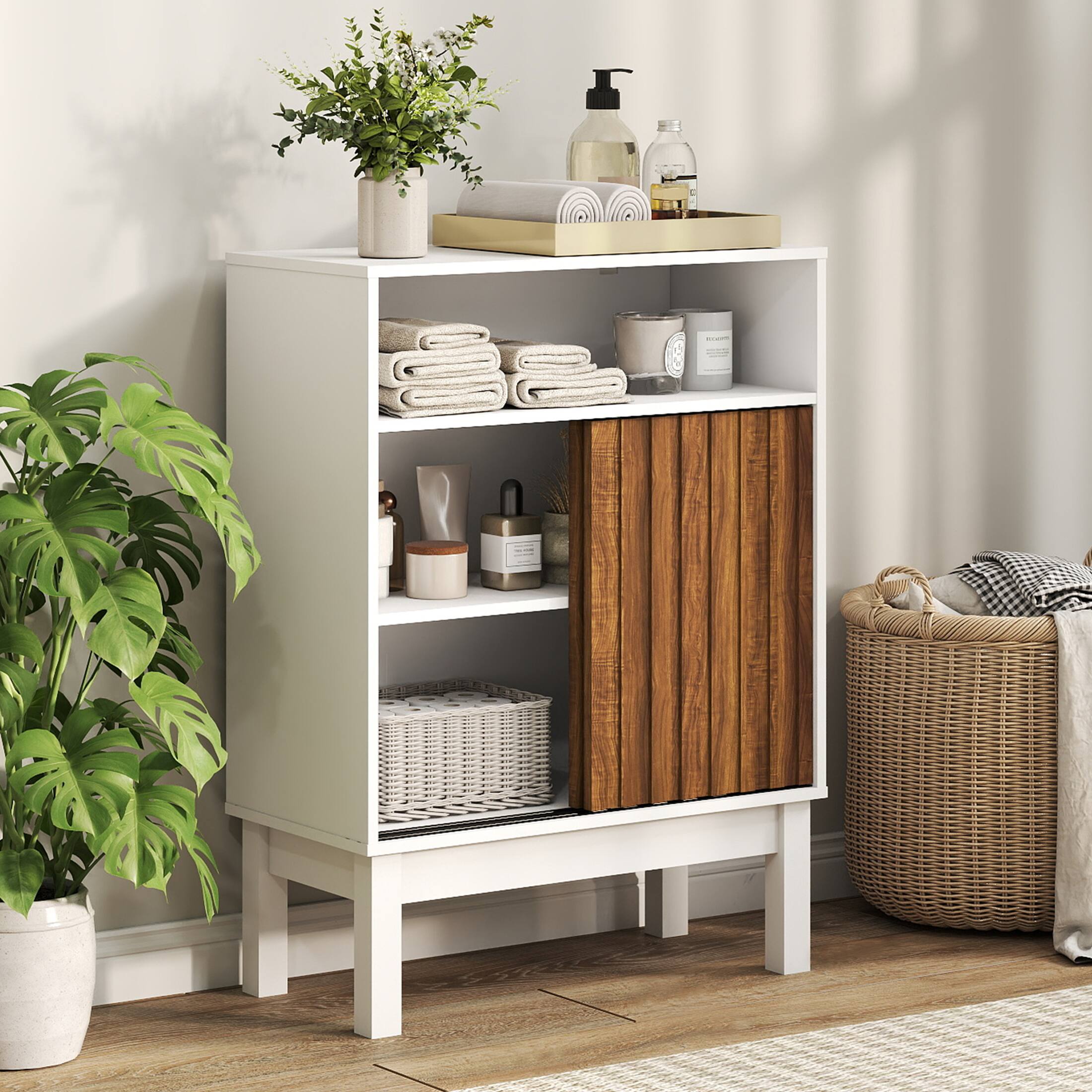 Angle. Skyzoo - Skyzoo Modern Bathroom Floor Cabinet, Freestanding Storage Organizer - White.