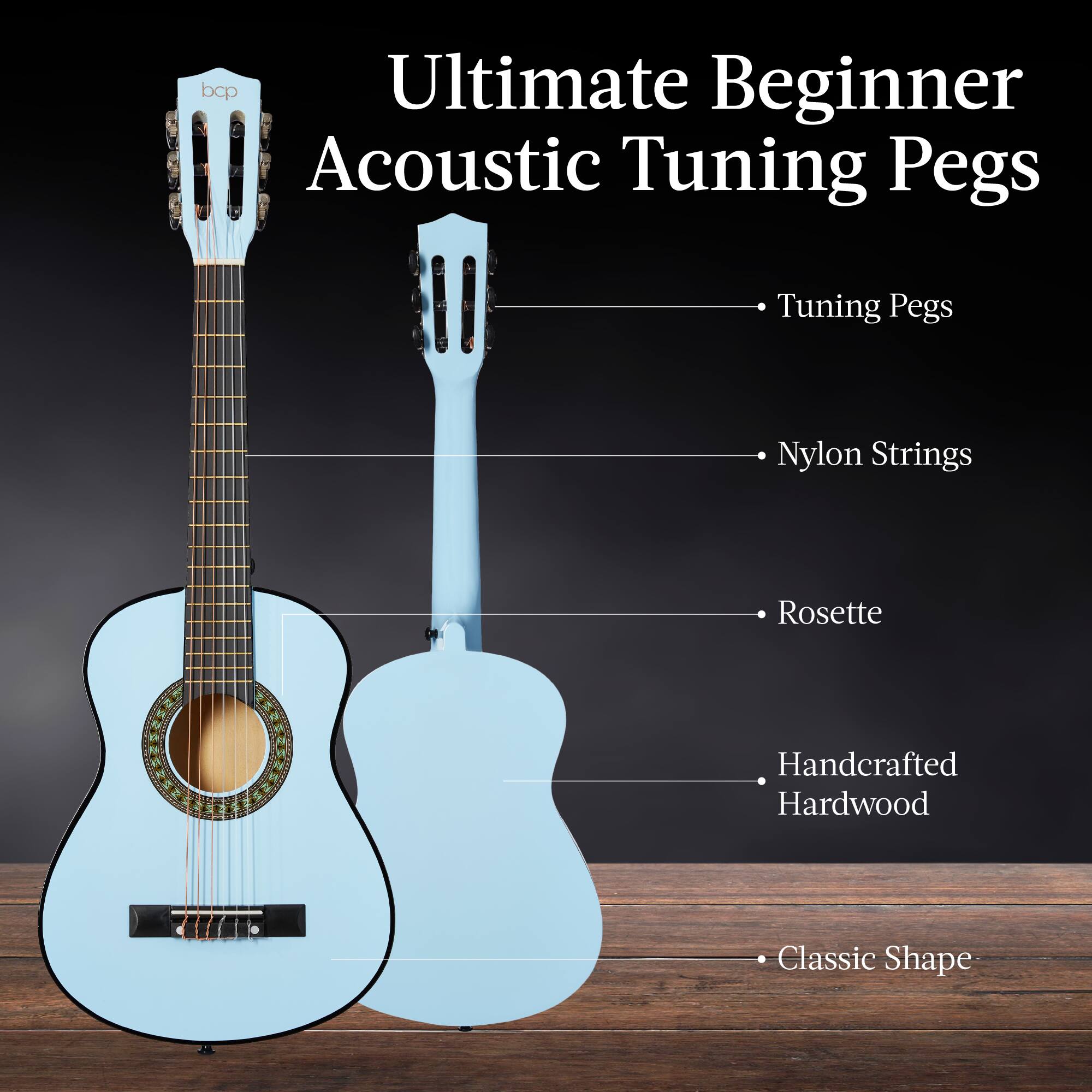 Ultimate Beginner Acoustic Tuning Pegs

- Tuning Pegs
- Nylon Strings
- Rosette
- Handcrafted Hardwood
- Classic Shape