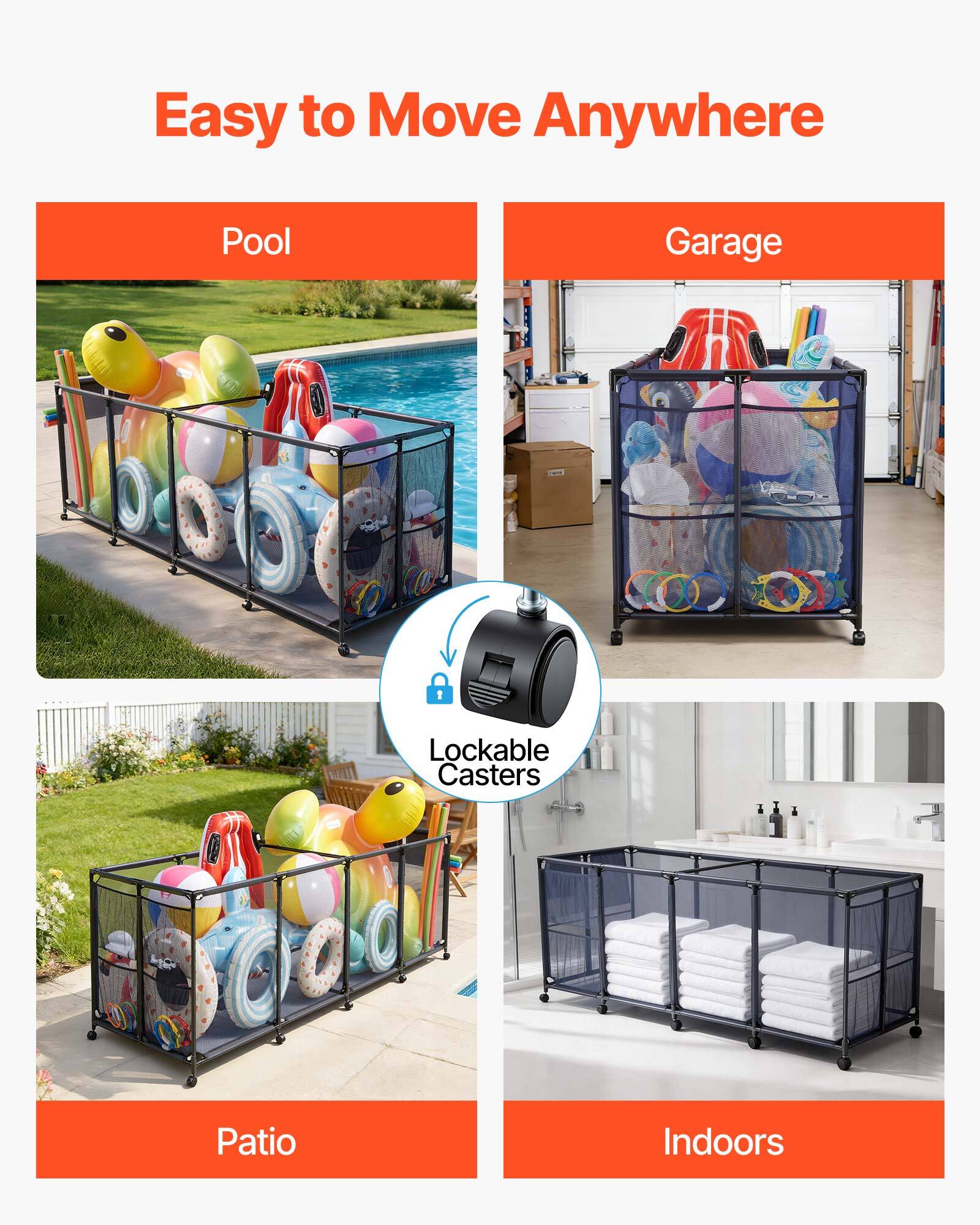 Easy to Move Anywhere

Pool  
Garage  
Patio  
Indoors

Lockable Casters