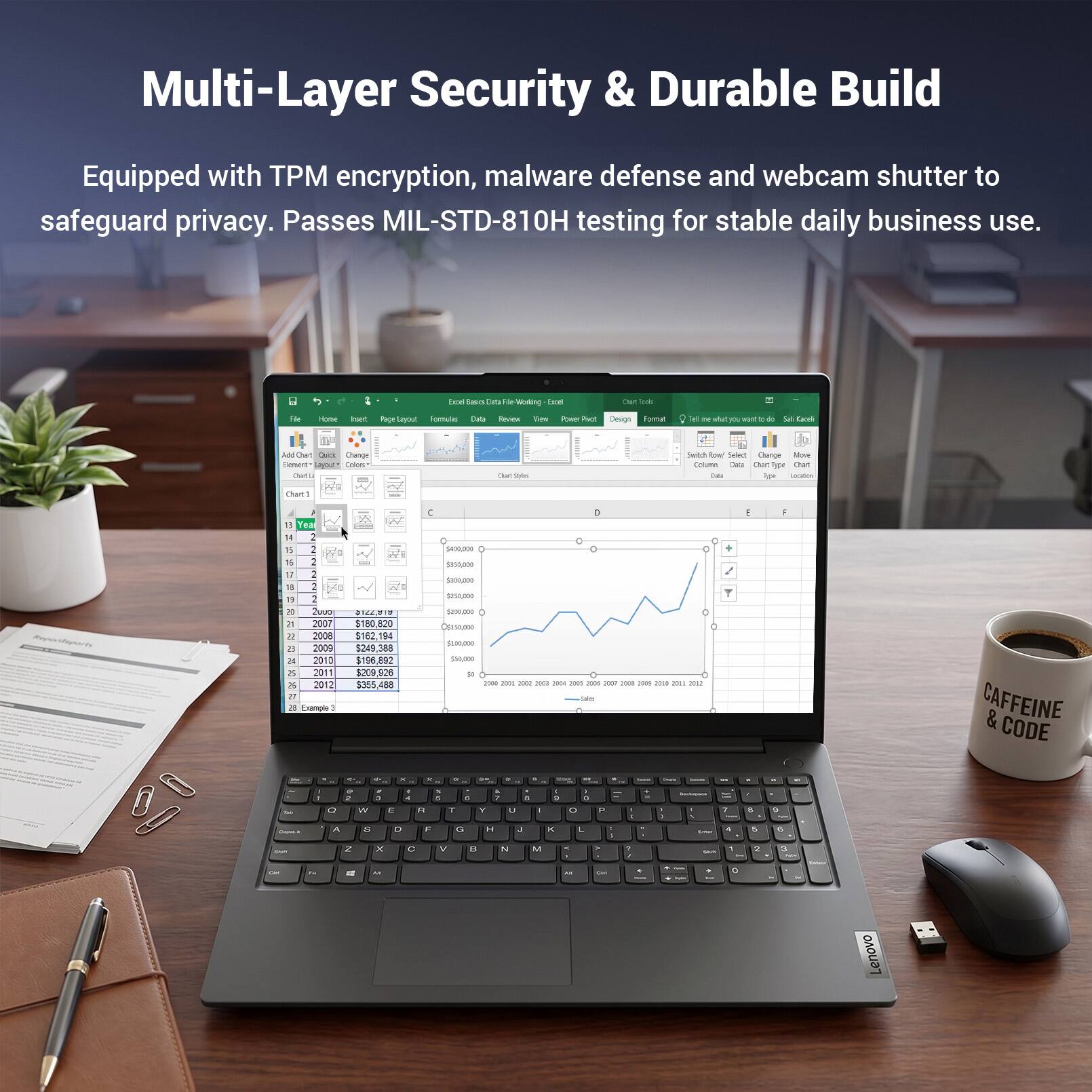Multi-Layer Security & Durable Build  
Equipped with TPM encryption, malware defense and webcam shutter to safeguard privacy. Passes MIL-STD-810H testing for stable daily business use.