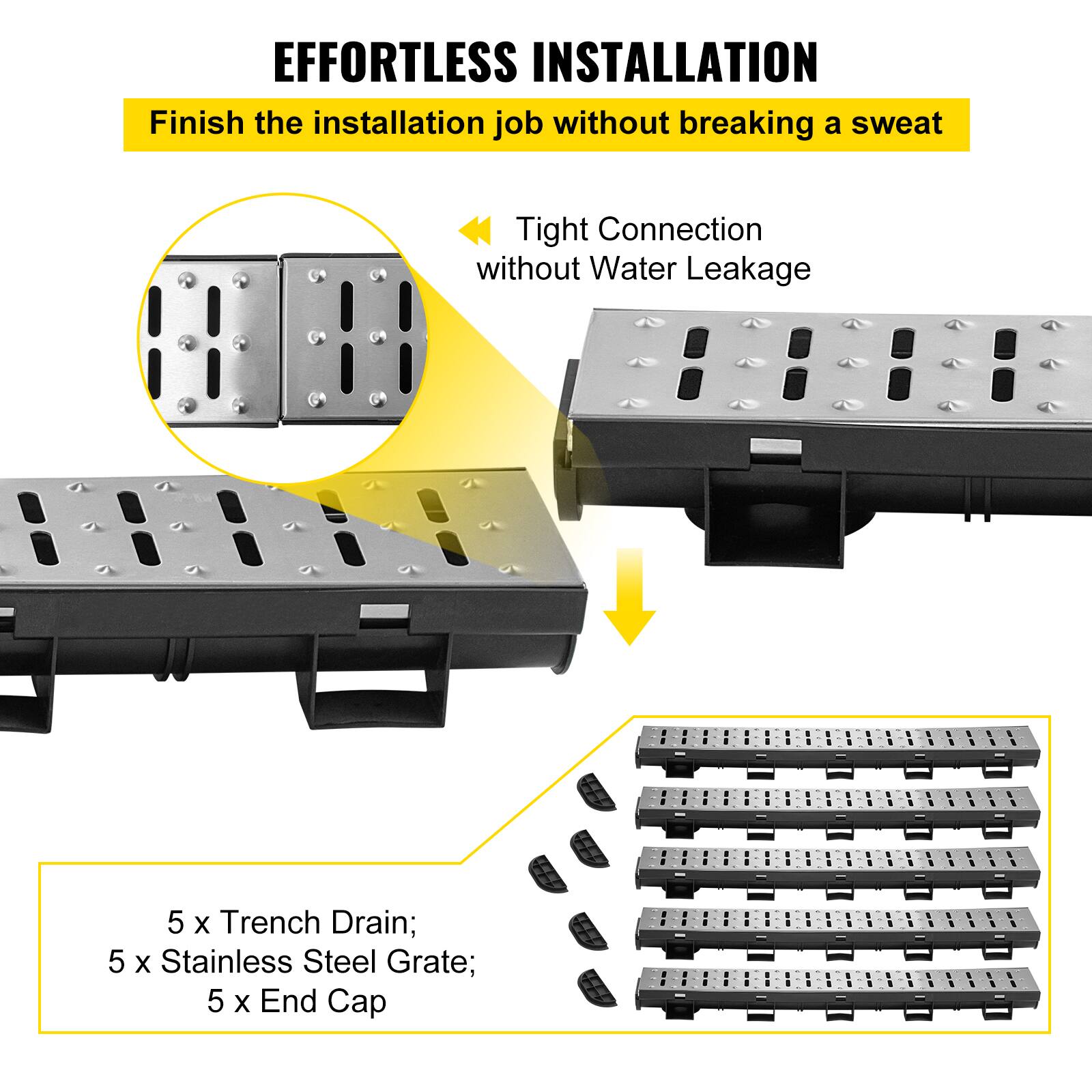 EFFORTLESS INSTALLATION  
Finish the installation job without breaking a sweat  

Tight Connection without Water Leakage  

5 x Trench Drain;  
5 x Stainless Steel Grate;  
5 x End Cap