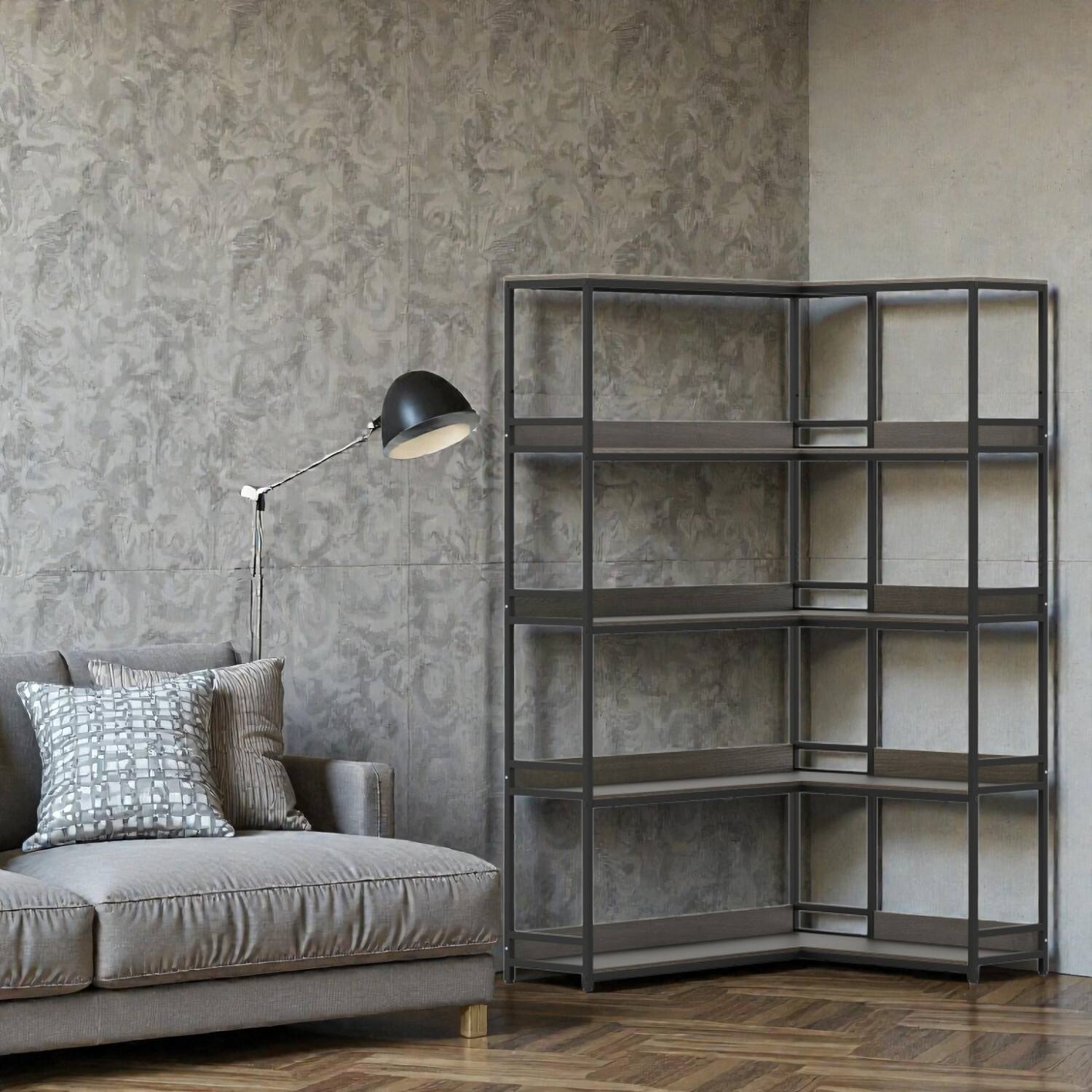 Front. Hivvago - Modern Industrial Corner Bookcase with 5 Storage Tiers - Oak.