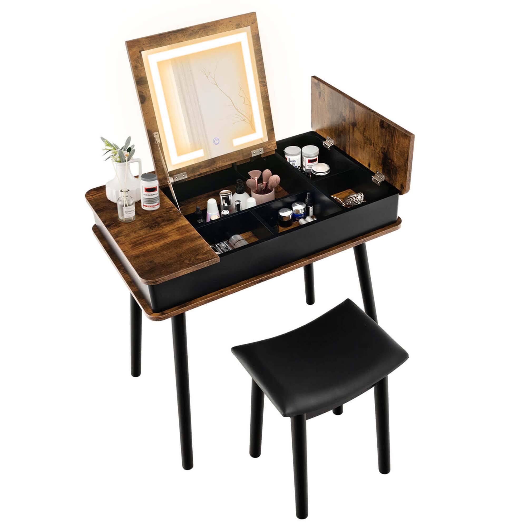 Front. Costway - Costway Vanity Table Set w/ Flip Top Mirror Lights USB Port Cushioned Stool Writing Desk - Brown.