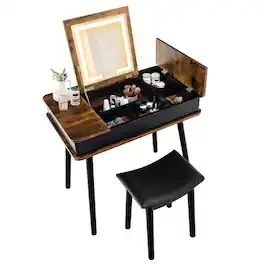 Costway - Vanity Table Set w/ Flip Top Mirror Lights USB Port Cushioned Stool Writing Desk - Brown