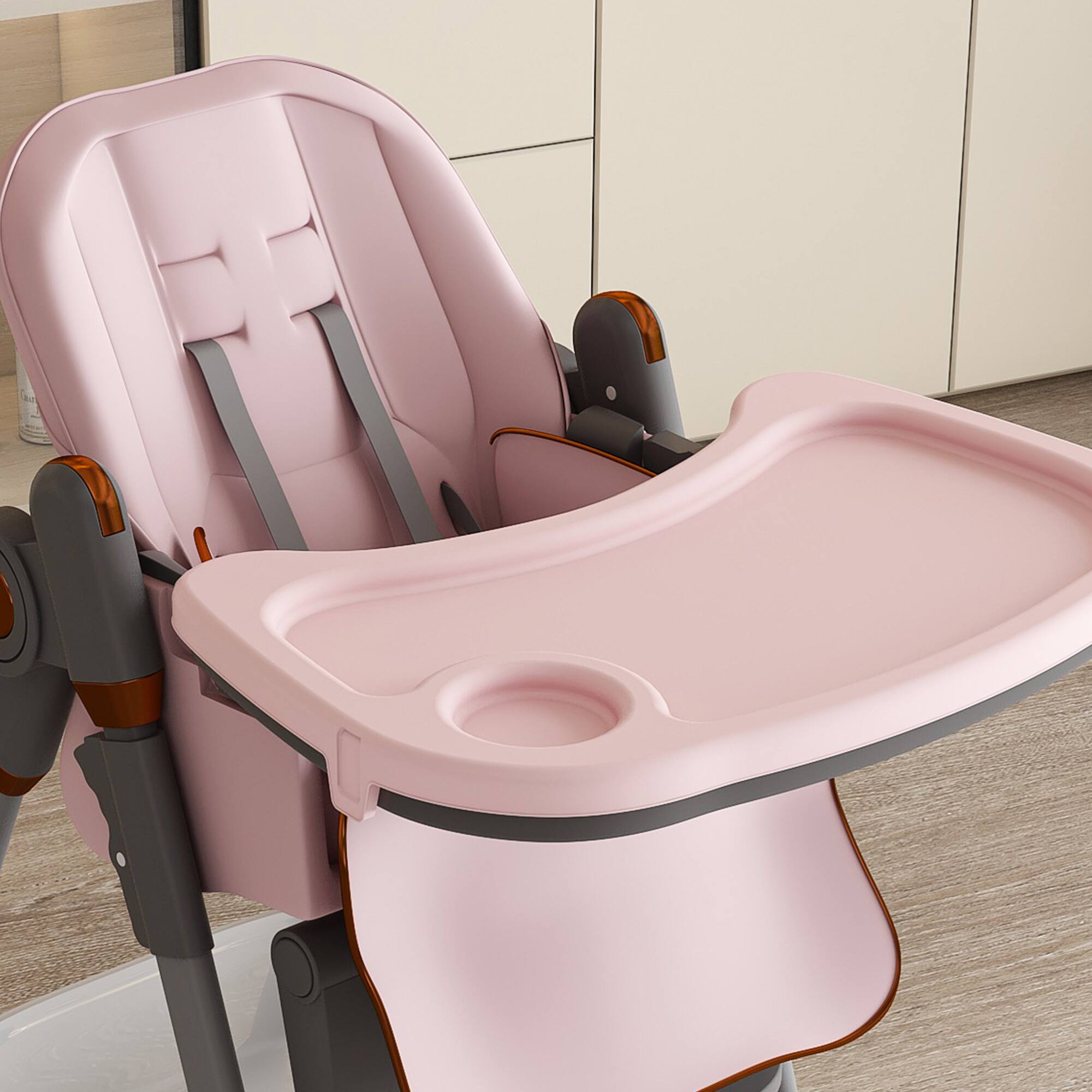 Left. GOODSILO - Adjustable Infant High Chair for Ages 0-6 Years - Portable Feeding Seat with Safety Harness and Locking Wheels - Pink.