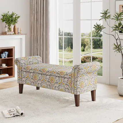 Front. Ropilly - Ropilly Conrad Floral Storage Ottoman with Rolled Arms, Pewter Nailhead Trim and Hidden Compartment for Bedroom Entryway - Floral.