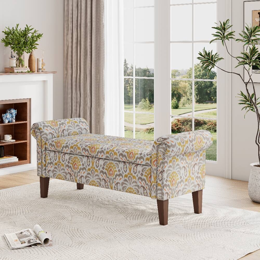 Front. Ropilly - Ropilly Conrad Floral Storage Ottoman with Rolled Arms, Pewter Nailhead Trim and Hidden Compartment for Bedroom Entryway - Floral.