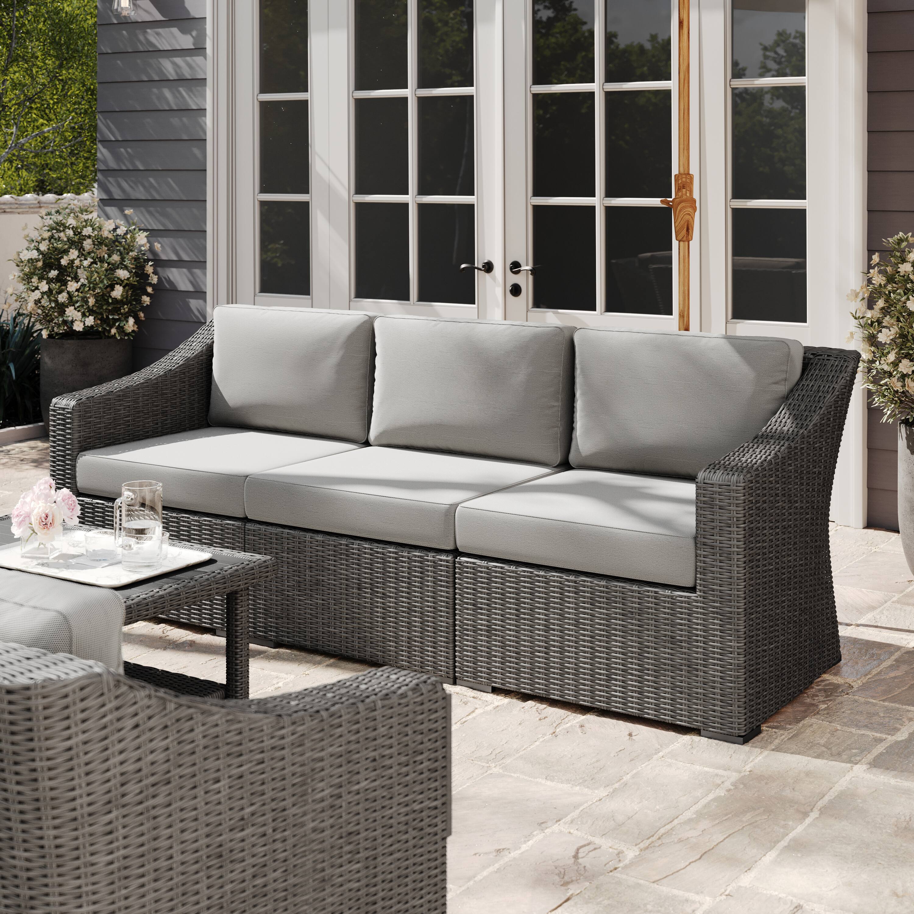 Alt View 4. Martha Stewart - Bedford Outdoor Modular Rattan Wicker Sofa with All-Weather Cushions - Gray Cushions/Gray Frame.