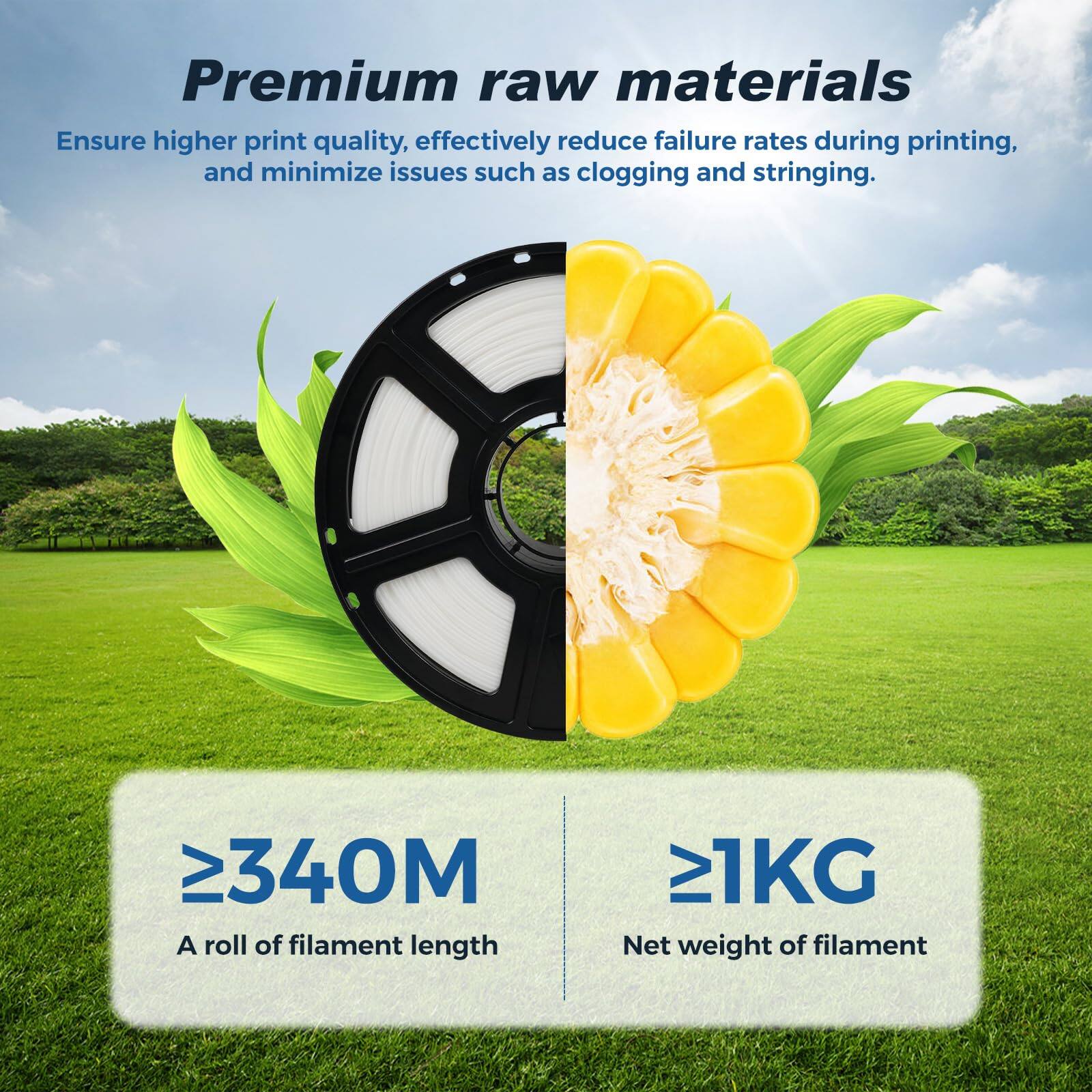 Premium raw materials ensure higher print quality, effectively reduce failure rates during printing, and minimize issues such as clogging and stringing.  
≥340M A roll of filament length  
≥1KG Net weight of filament