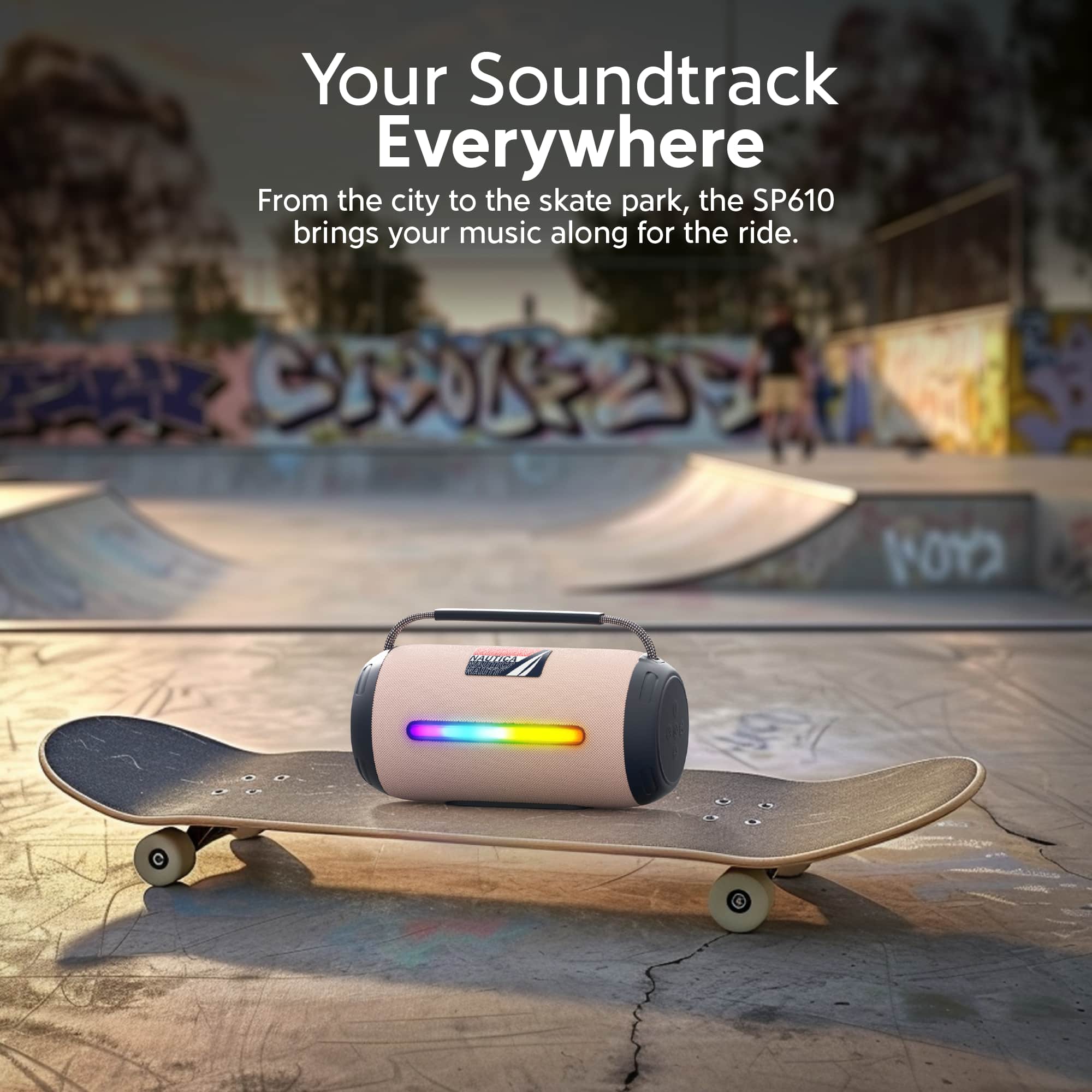 Your Soundtrack Everywhere
From the city to the skate park, the SP610 brings your music along for the ride.