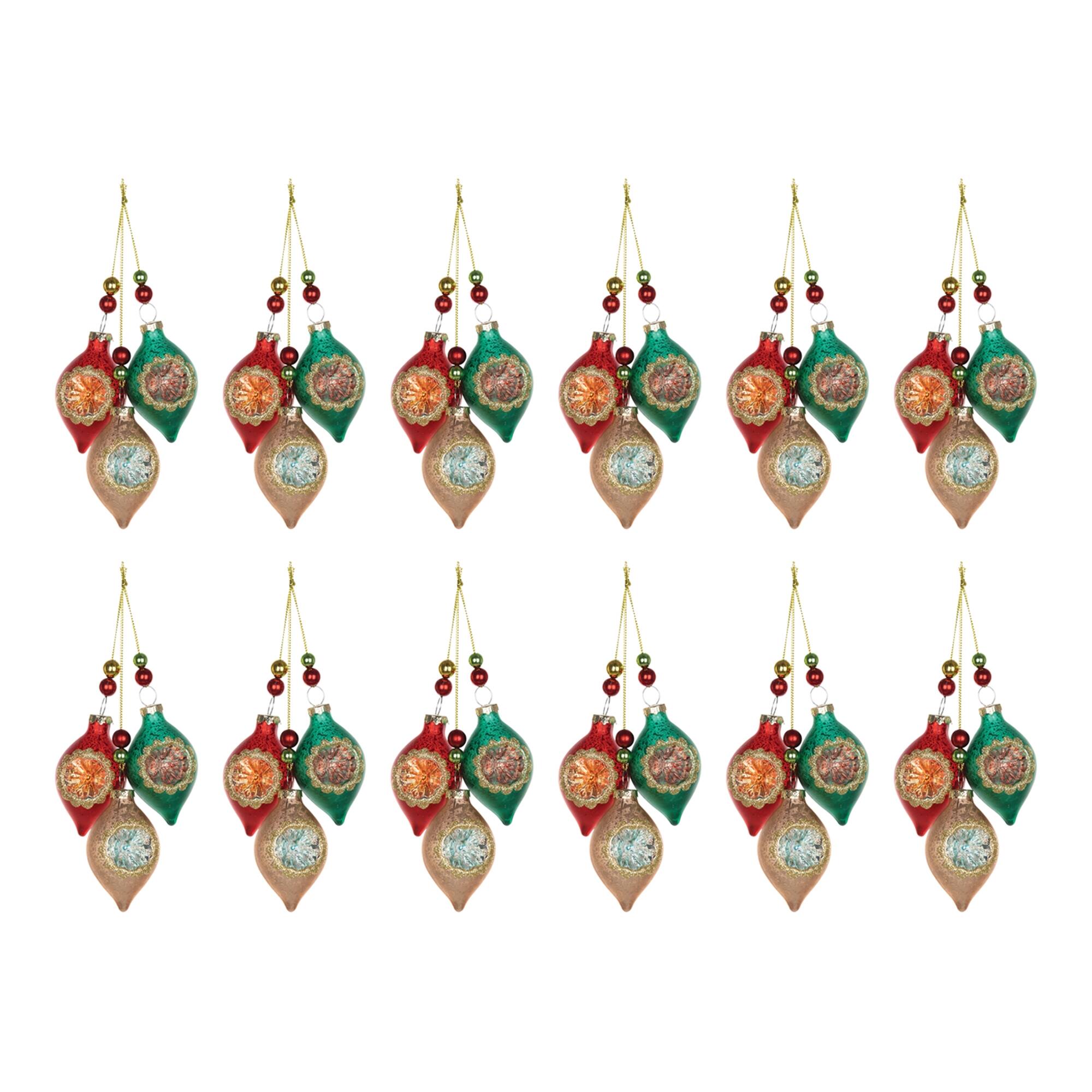 Left. BreeBe - Glass Reflector Ornament Drop (Set of 12) - Red,Gold,Green.