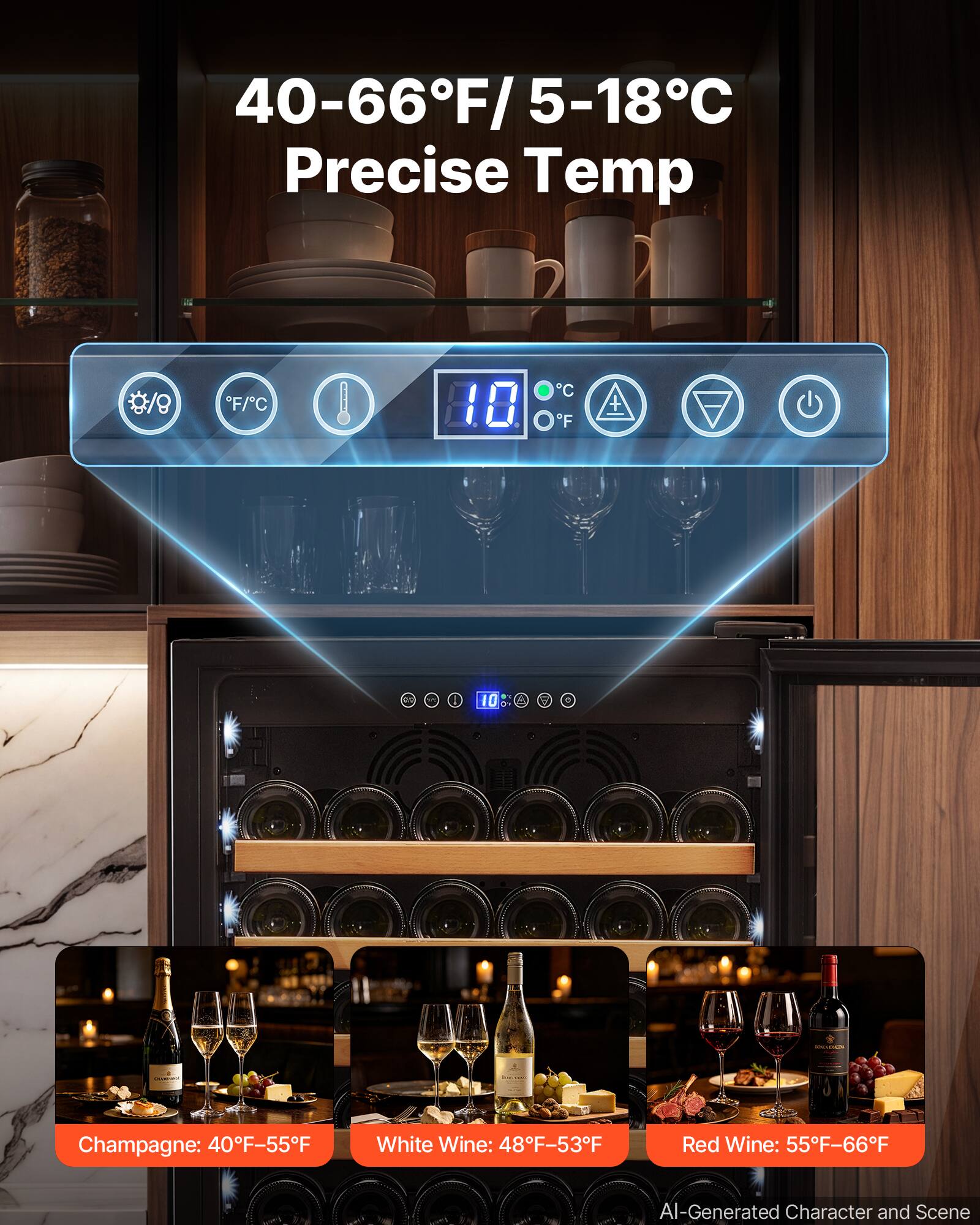 40-66°F / 5-18°C Precise Temp

Champagne: 40°F-55°F
White Wine: 48°F-53°F
Red Wine: 55°F-66°F

AI-Generated Character and Scene