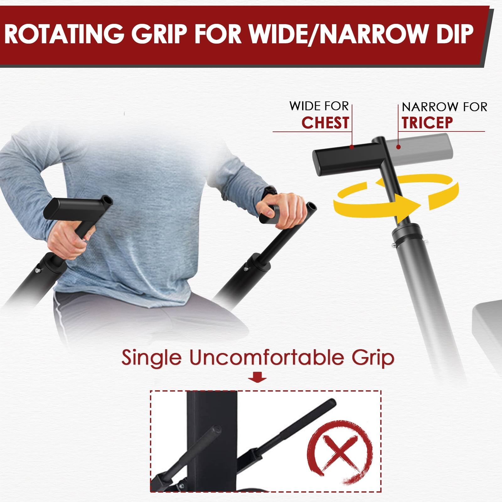 ROTATING GRIP FOR WIDE/NARROW DIP

WIDE FOR CHEST
NARROW FOR TRICEP

Single Uncomfortable Grip X