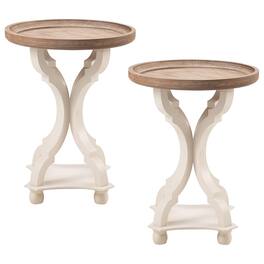 COZAYH - Round Rustic Wood Accent Tray Top Nightstand Side Table, White, Set of 2 - White, Brown