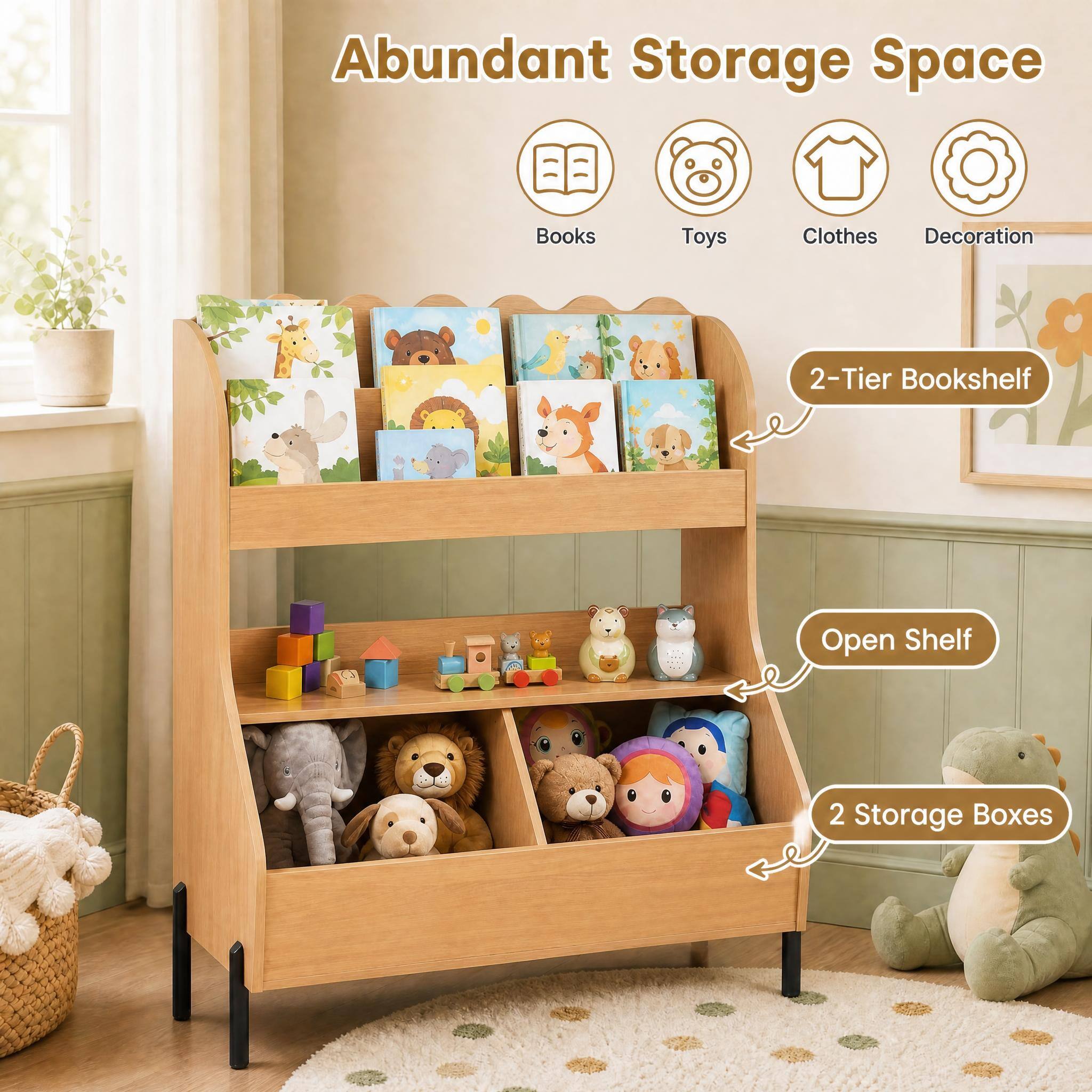 Abundant Storage Space

Books  
Toys  
Clothes  
Decoration  

2-Tier Bookshelf  
Open Shelf  
2 Storage Boxes