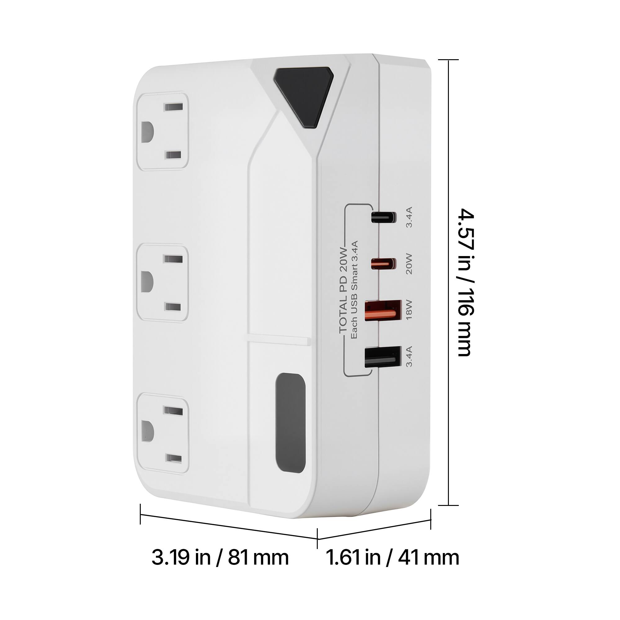 - Total: 20W
- Each: 3.4A
- USB PD Smart
- 18W
- 3.4A
- 4.57 in / 116 mm
- 3.19 in / 81 mm
- 1.61 in / 41 mm