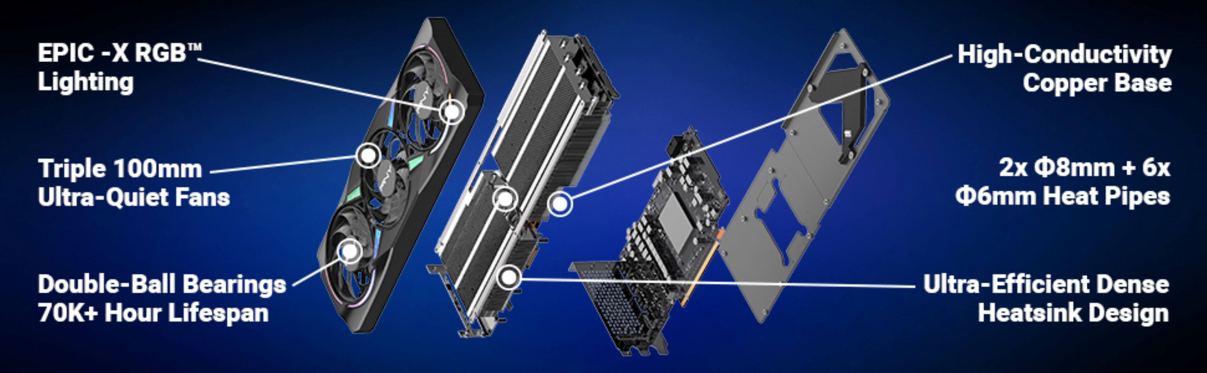 EPIC-X RGB™ Lighting  
Triple 100mm Ultra-Quiet Fans  
Double-Ball Bearings 70K+ Hour Lifespan  
High-Conductivity Copper Base  
2x Φ8mm + 6x Φ6mm Heat Pipes  
Ultra-Efficient Dense Heatsink Design