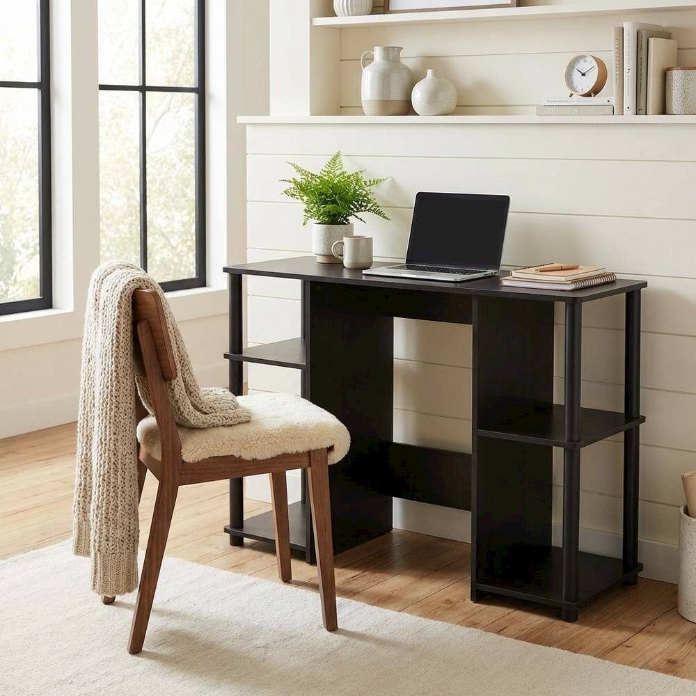 Left. BisonOffice - Black compact computer study desk with sturdy design and space-efficient layout - Black.