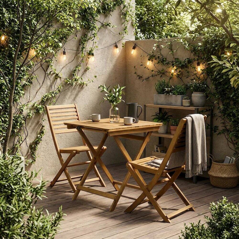 Alt View 3. Outdoor Escape - Oil-Finish 3-Piece Outdoor Patio Set with Wooden Folding Table and 2 Chairs - Multi-Color.