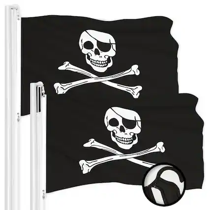 Front. G128 - 2-Pack Pirate Jolly Roger Flag, 2x3 ft, Embroidered 300D Polyester with Brass Grommets, Indoor/Outdoor. - Assorted Colors.