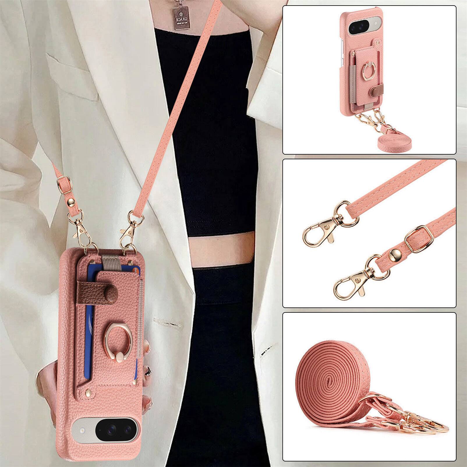 Alt View 5. Dteck - Lychee Texture Wallet Case for Google Pixel 10 /10 Pro with Ring Kickstand,Crossbody Faux Leather Cover with Card Holder - Pink.