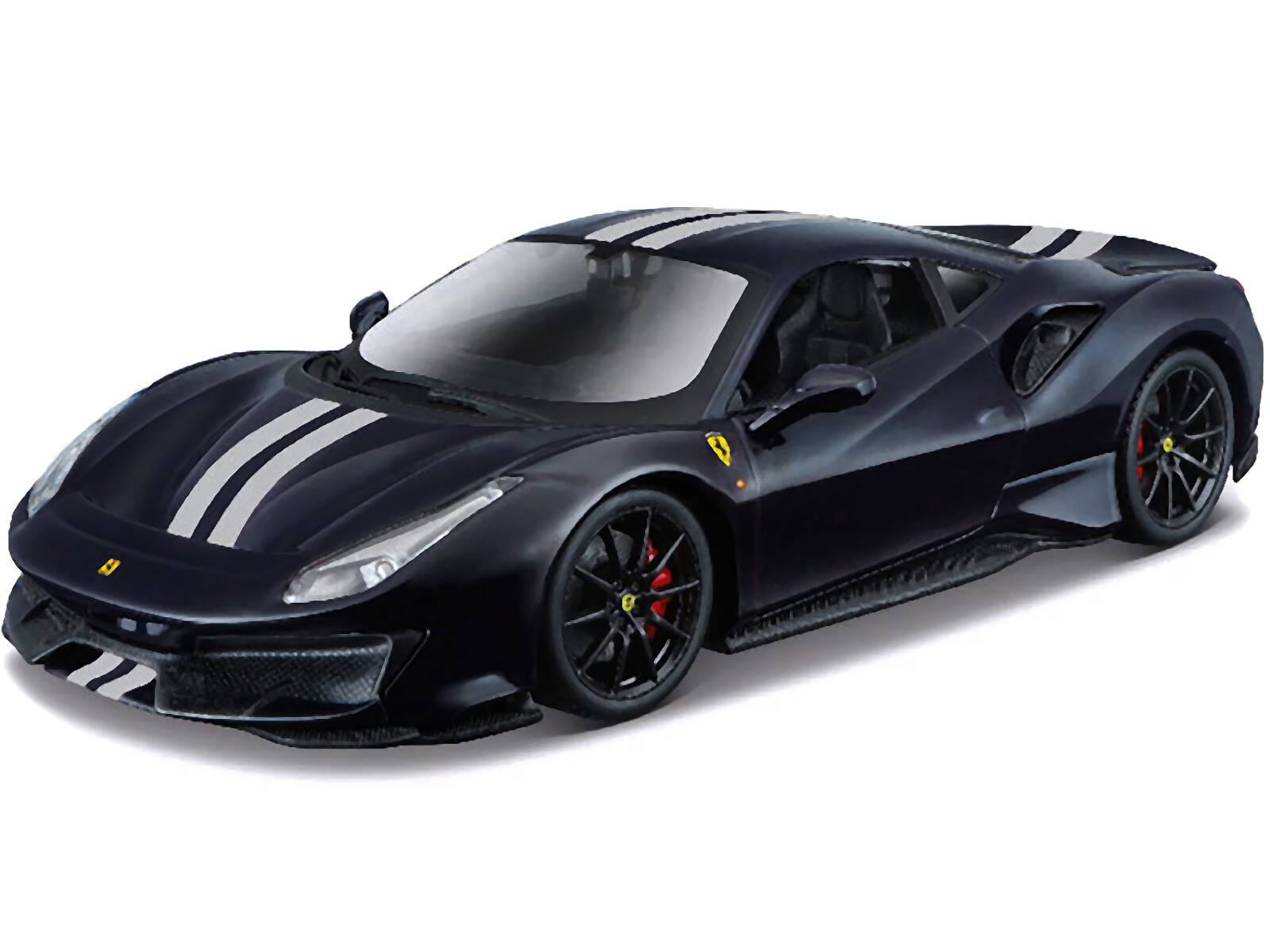 Angle. Bburago - Ferrari 488 Pista Dark Blue Metallic with Silver Stripes 1/24 Diecast Model Car by Bburago - Blue Metallic and Silver.