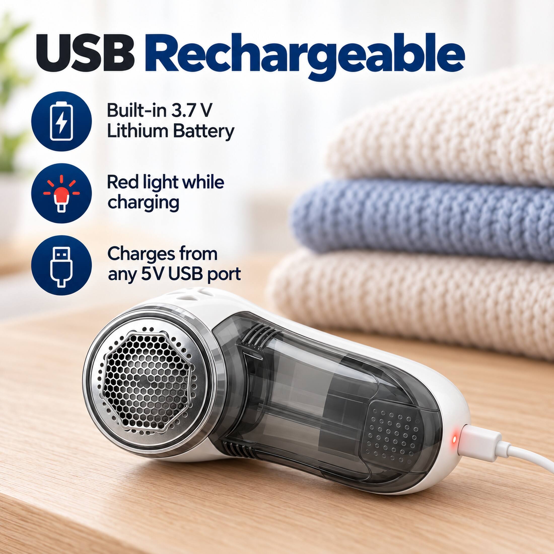 USB Rechargeable  
Built-in 3.7V Lithium Battery  
Red light while charging  
Charges from any 5V USB port