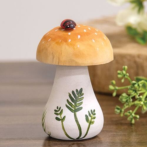 Angle. BreeBe - Wooden Handpainted Spotted Mushroom Sitter with Ladybug - Yellow, White.