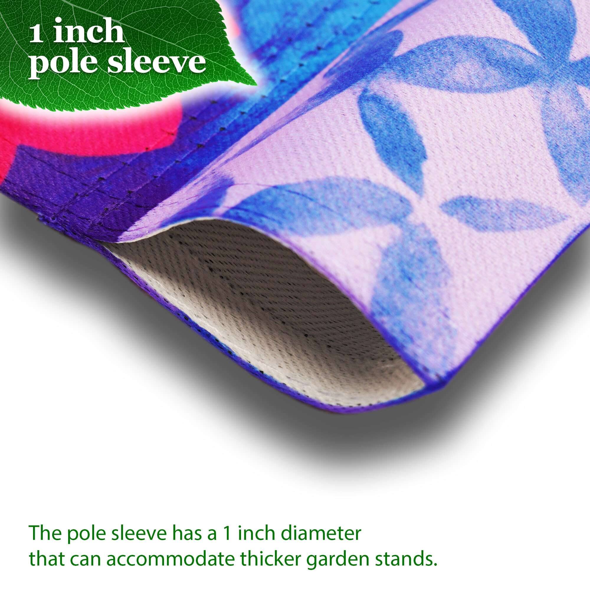 1 inch pole sleeve

The pole sleeve has a 1 inch diameter that can accommodate thicker garden stands.