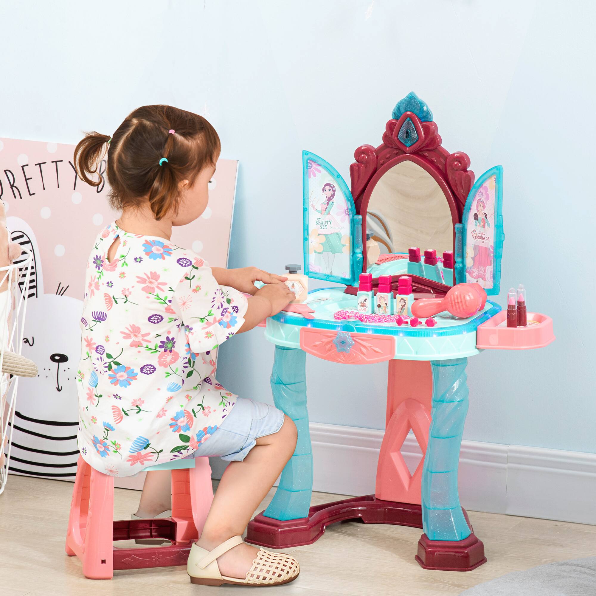 Angle. Qaba - Kids Vanity Set with Self-Opening Magic Mirror, Princess Makeup Vanity Table Set with Music, Tabletop with Lights.