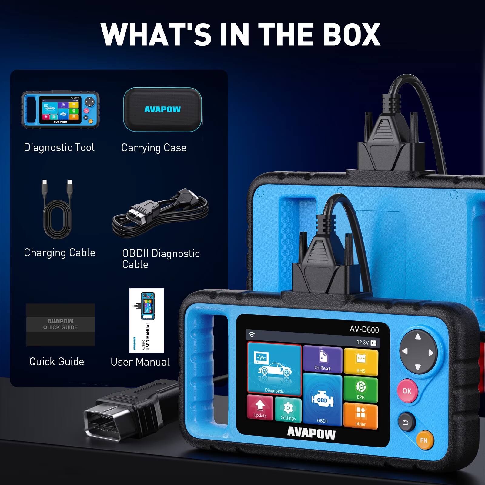 WHAT'S IN THE BOX

- AVAPOW
- KARPOW
- Diagnostic Tool
- Carrying Case
- Charging Cable
- OBDII Diagnostic Cable
- AVAPOW QUICK GUIDE
- Quick Guide
- EXITOR MANUAL AVORES
- User Manual
- Reset
- AV-D600 12.3V BMS
- Diagnostic
- OBD
- EPB
- OK
- Update Settings 0801
- other AVAPOW

FN