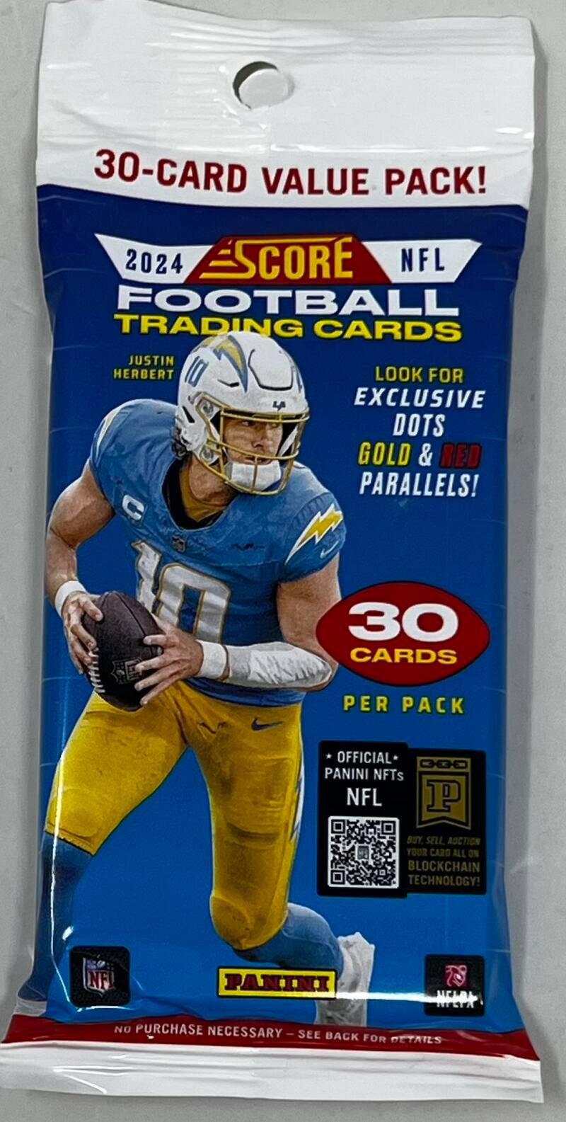 30-Card Value Pack!  
2024 Score NFL Football Trading Cards  
Justin Herbert  
Look for Exclusive Dots Gold & Red Parallels!  
30 Cards Per Pack  
Official Panini NFTs NFL  
Buy, Sell, Auction Your Cards All on Blockchain Technology!  
No Purchase Necessary - See Back for Details