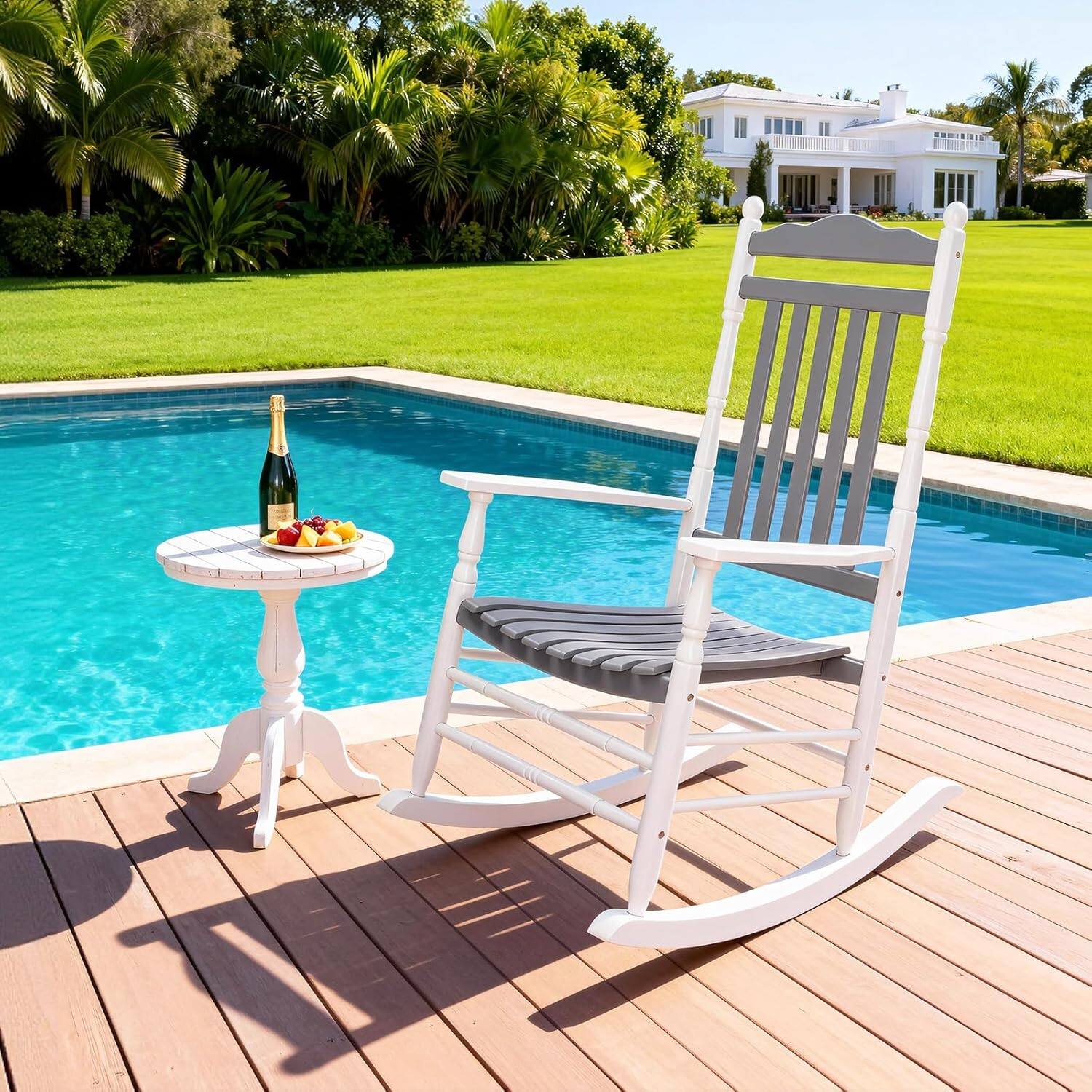 Alt View 8. Winado - 1PC Wooden Rocking Chair, Relaxing Rocker with High Back Seat Reclining Seat for Garden Backyard Porch Indoor Outdoor - White & Gray.