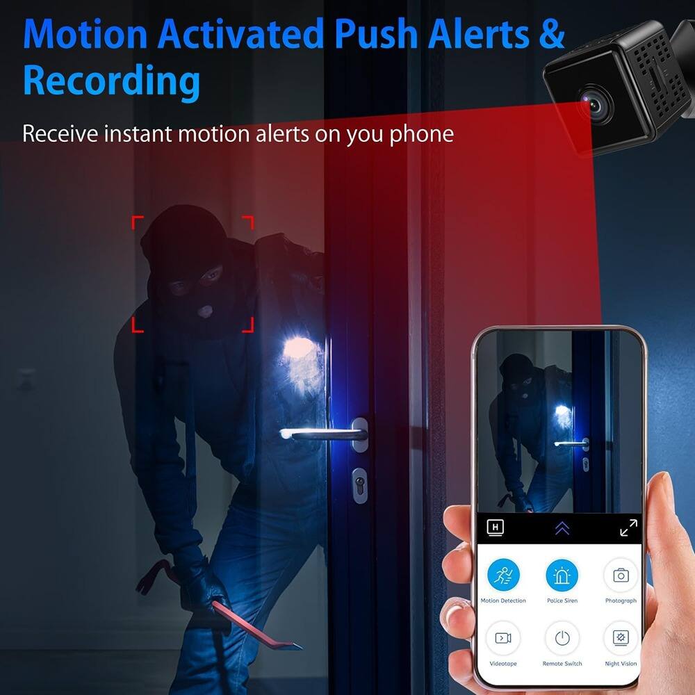 Motion Activated Push Alerts & Recording

Receive instant motion alerts on your phone

- Motion Detection
- Police Siren
- Photograph
- Videotape
- Remote Switch
- Night Vision