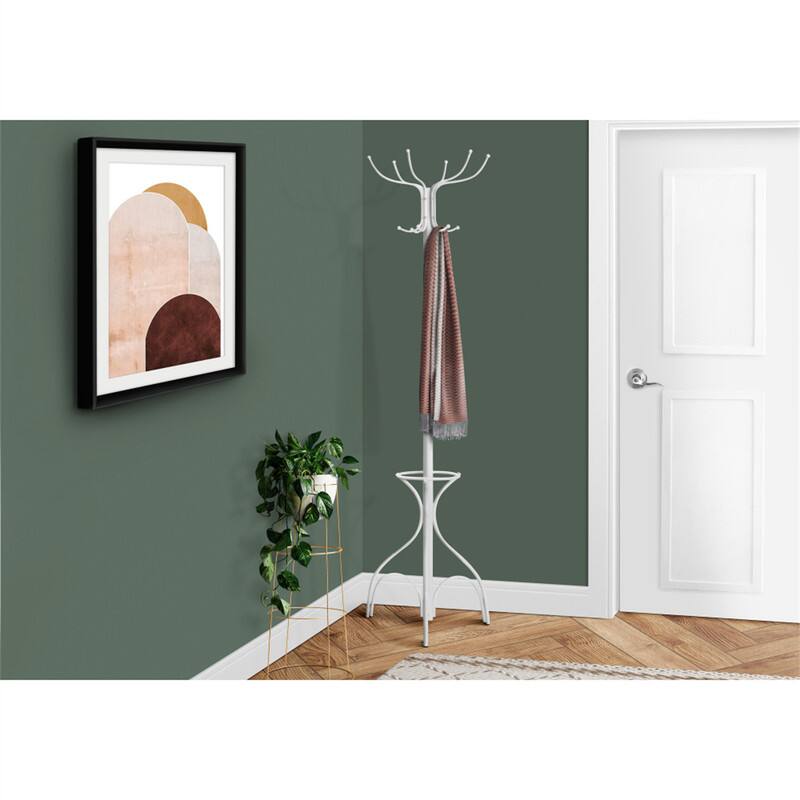 Angle. ALEXOUN - Metal Coat Rack with Hall Tree and Umbrella Holder - Free Standing,12 Hooks,70" Height,Suitable for Entryway and Bedroom - White.