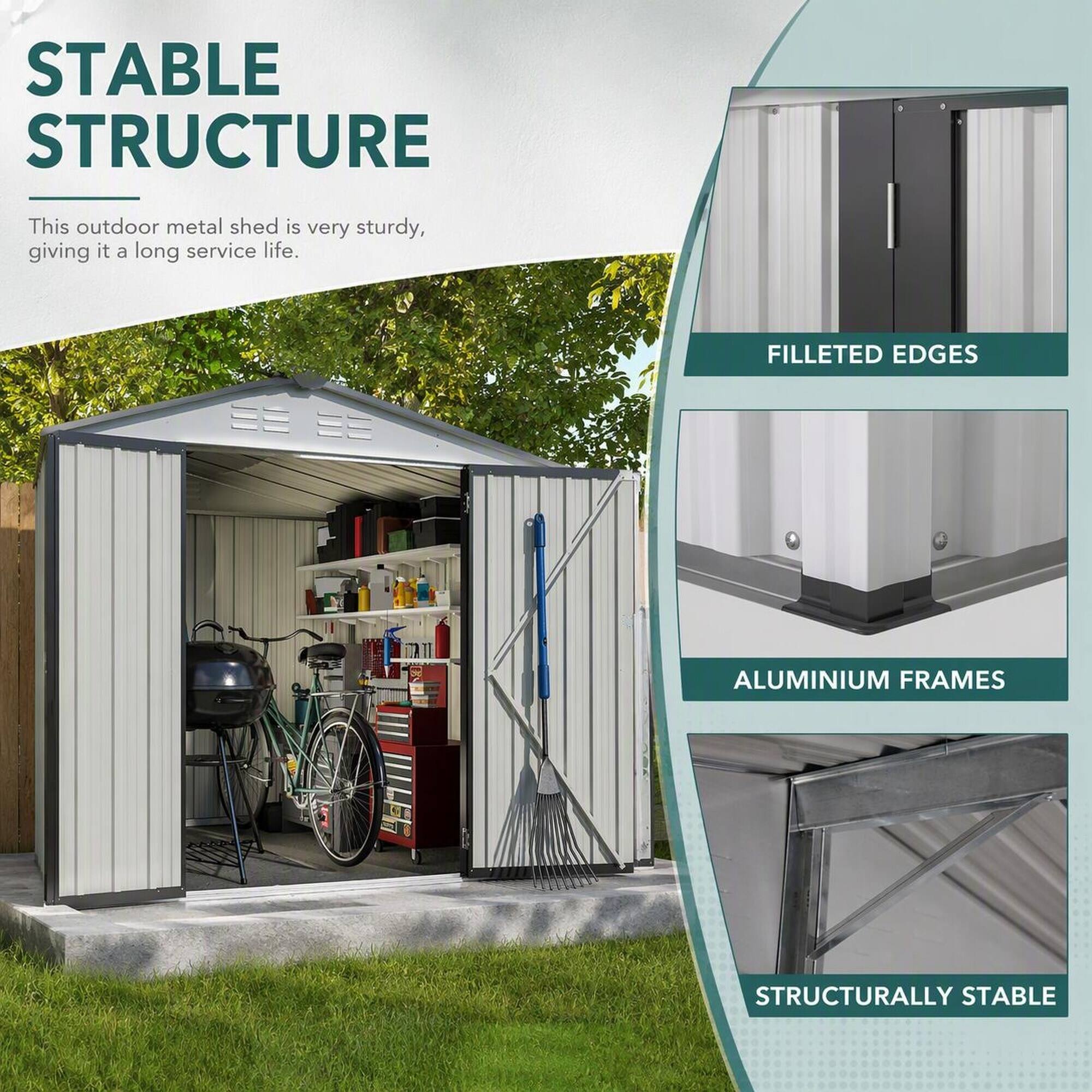 STABLE STRUCTURE  
This outdoor metal shed is very sturdy, giving it a long service life.  

FILLETED EDGES  
ALUMINIUM FRAMES  
STRUCTURALLY STABLE