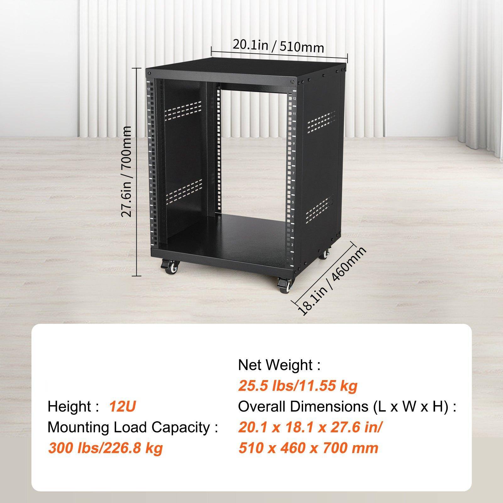 - Height: 12U
- Mounting Load Capacity: 300 lbs/226.8 kg
- Net Weight: 25.5 lbs/11.55 kg
- Overall Dimensions (L x W x H): 20.1 x 18.1 x 27.6 in / 510 x 460 x 700 mm