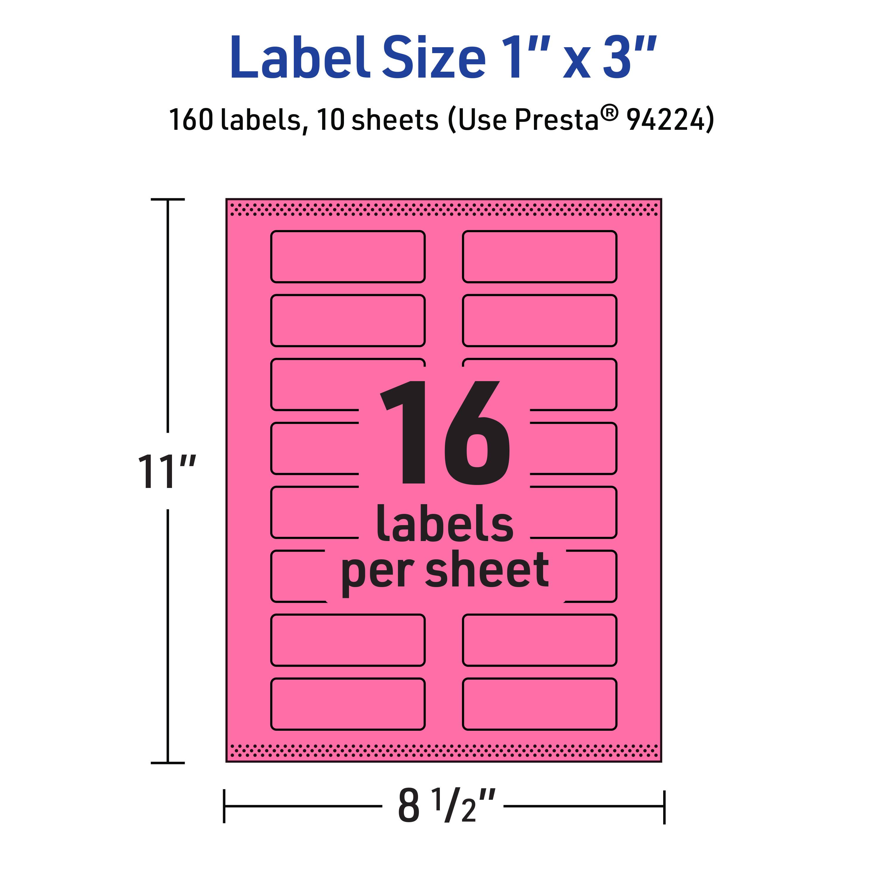Label Size 1" x 3"  
160 labels, 10 sheets (Use Presta® 94224)  
16 labels per sheet  
11" x 8 1/2"