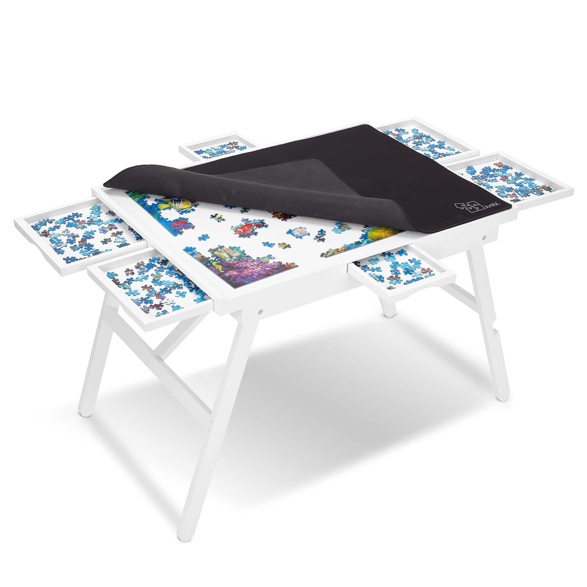 Jumbl - 1000-Piece Puzzle Board - 23 x 31" Puzzle Table with Legs, Cover & 6 Removable Drawers - White
