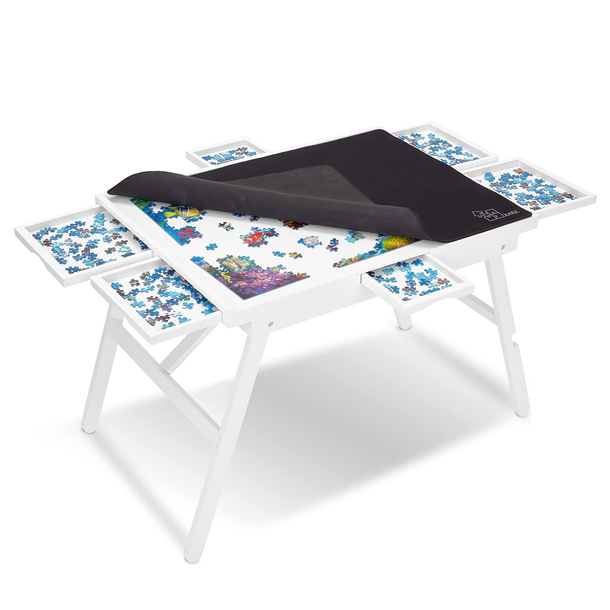 Front. Jumbl - 1000-Piece Puzzle Board - 23 x 31" Puzzle Table with Legs, Cover & 6 Removable Drawers - White.