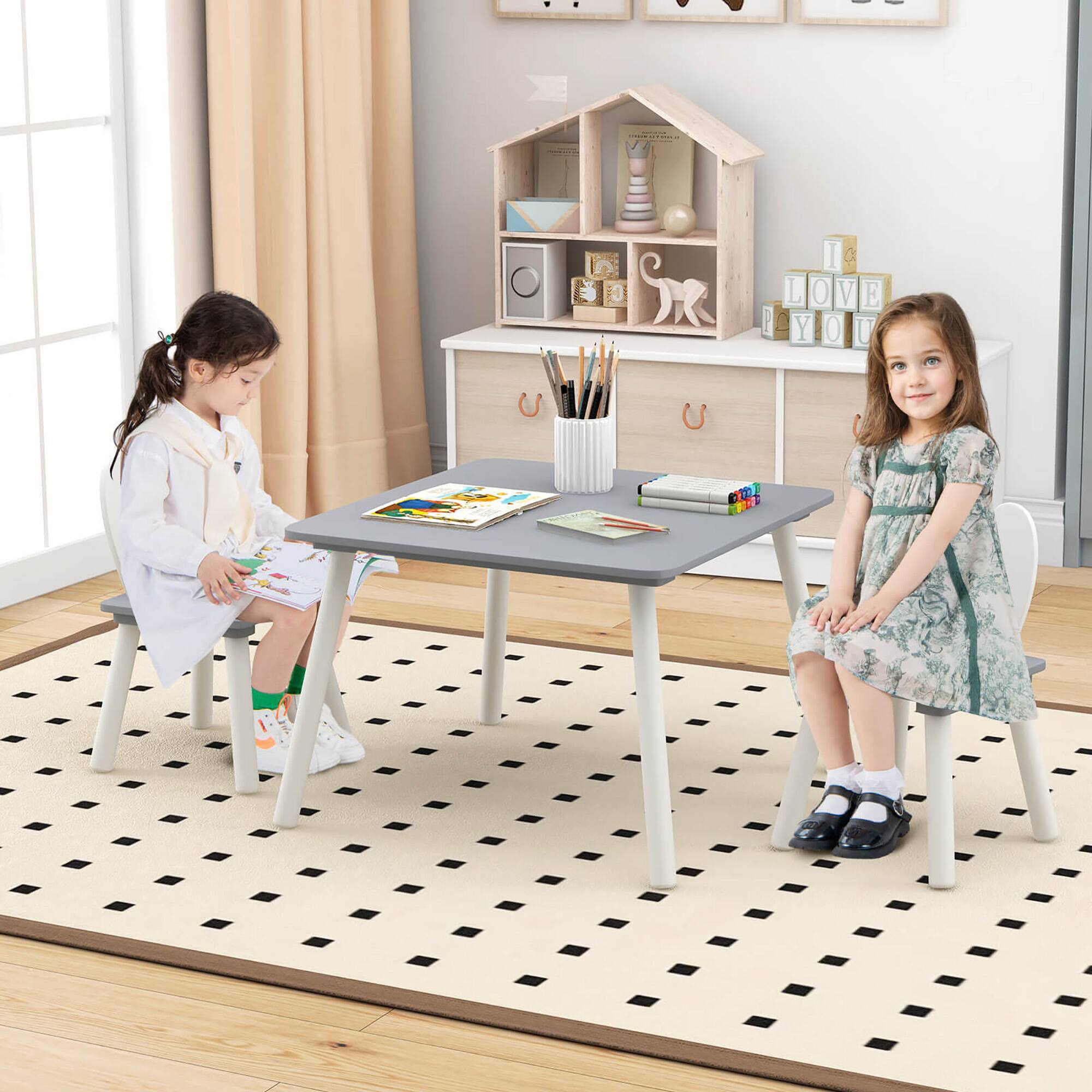 Alt View 3. Gymax - Gymax 3 Pieces Kids Table & Chairs Set Children Wooden Furniture Set w/ Solid Wood Legs Gray - Gray.
