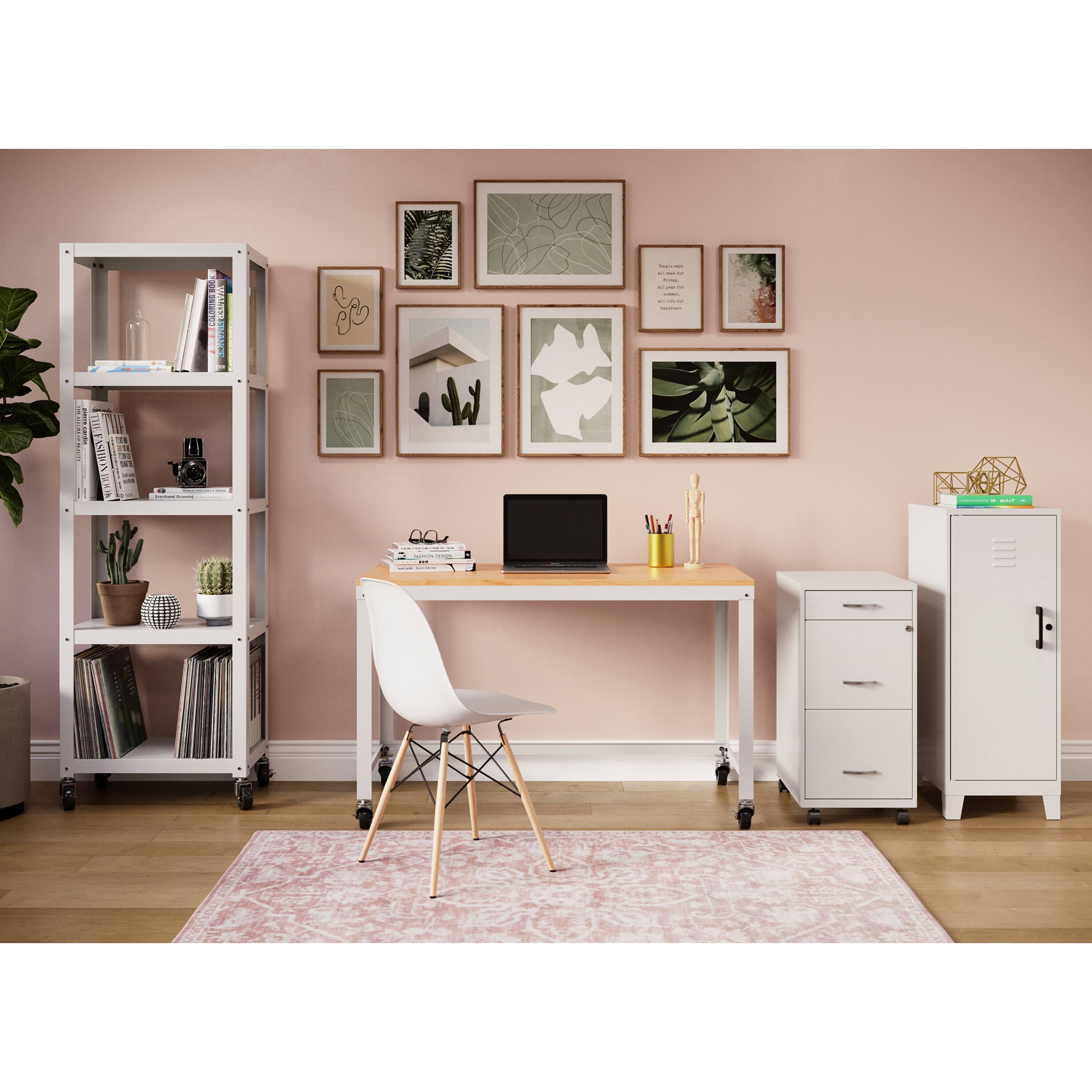 Alt View 10. Space Solutions - Space Solutions Ready-to-assemble 48-inch Wide Mobile Metal Desk with Laminate Top, White / Maple - White.