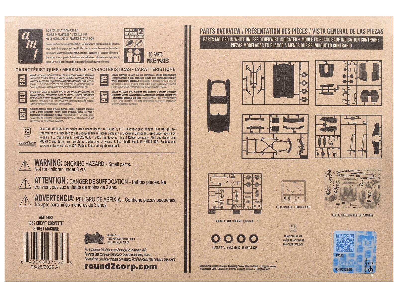 Sure, here is the corrected and grouped text from the image:

---

**1/25 SCALE PLASTIC MODEL KIT**

**KIT DE MODELO DE PLÁSTICO A 1/25**

**SKILL LEVEL 2**

**NIVEAU 2**

**HABILIDAD 2**

**CARACTERÍSTICAS • MERKMALE • CARACTERÍSTICAS**

**100 PARTS**

**PIÈCES/PARTES**

**CARACTERÍSTICAS • MERKMALE • CARACTERÍSTICAS**

**GENERAL MOTORS Trademarks used under license to Round 2, LLC. Goodyear Trademarks of licensed to The Goodyear Tire & Rubber Company. Goodyear and Winged Foot Design are registered trademarks of The Goodyear Tire & Rubber Company. Round 2 and design are registered trademarks of Round 2, LLC, South Bend, IN 46628 USA. Product and packaging designed by Round 2, LLC, South Bend, IN 46628 USA.**

**WARNING: CHOKING HAZARD - Small parts. Not for children under 3 yrs.**

**ATTENTION: DANGER DE S