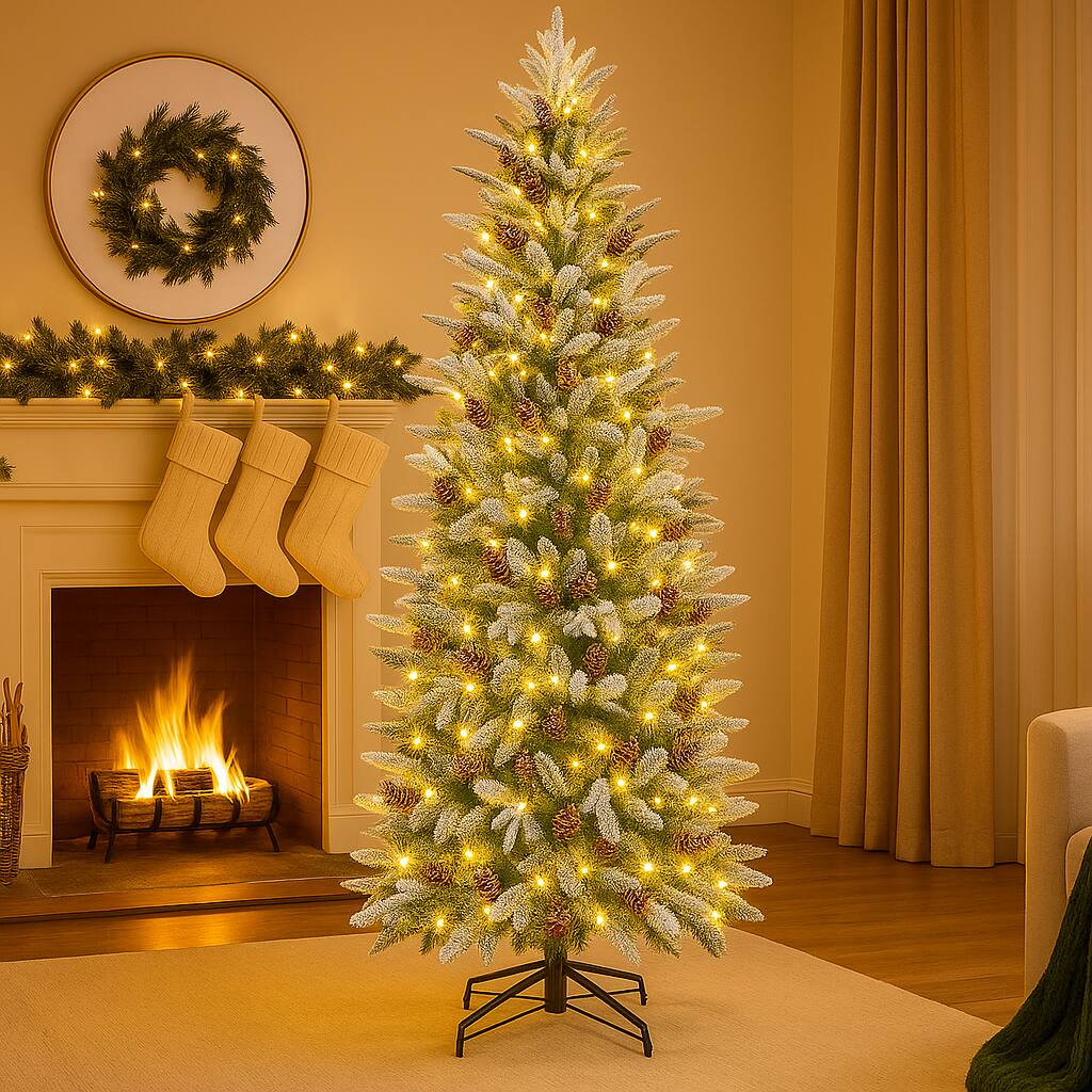 Front. BreeBe - Snow Flocked Artificial Xmas Tree – Prelit & Hinged, 6 to 9 FT Options - Green.