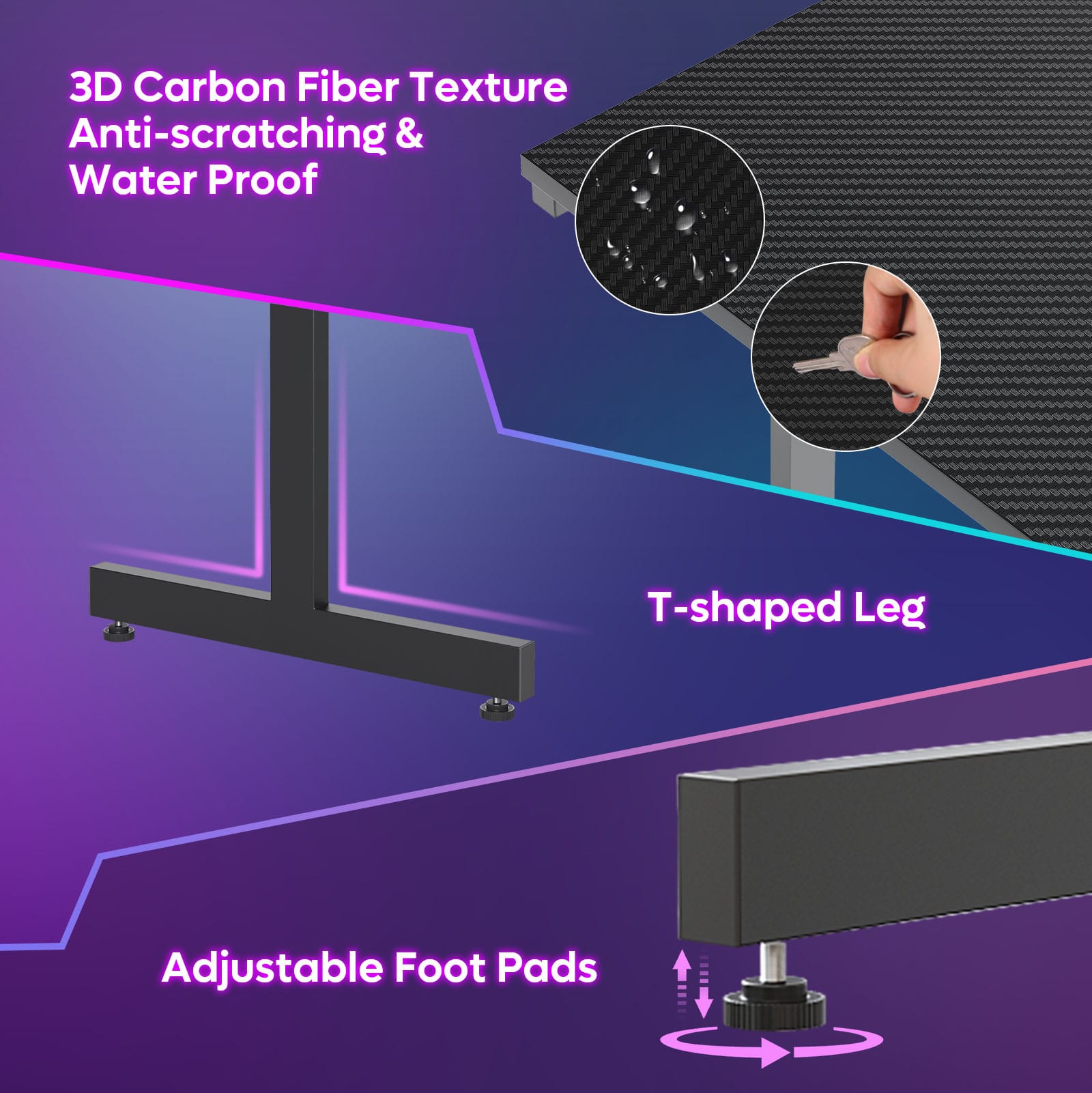 3D Carbon Fiber Texture, Anti-scratching & Water Proof, T-shaped Leg, Adjustable Foot Pads