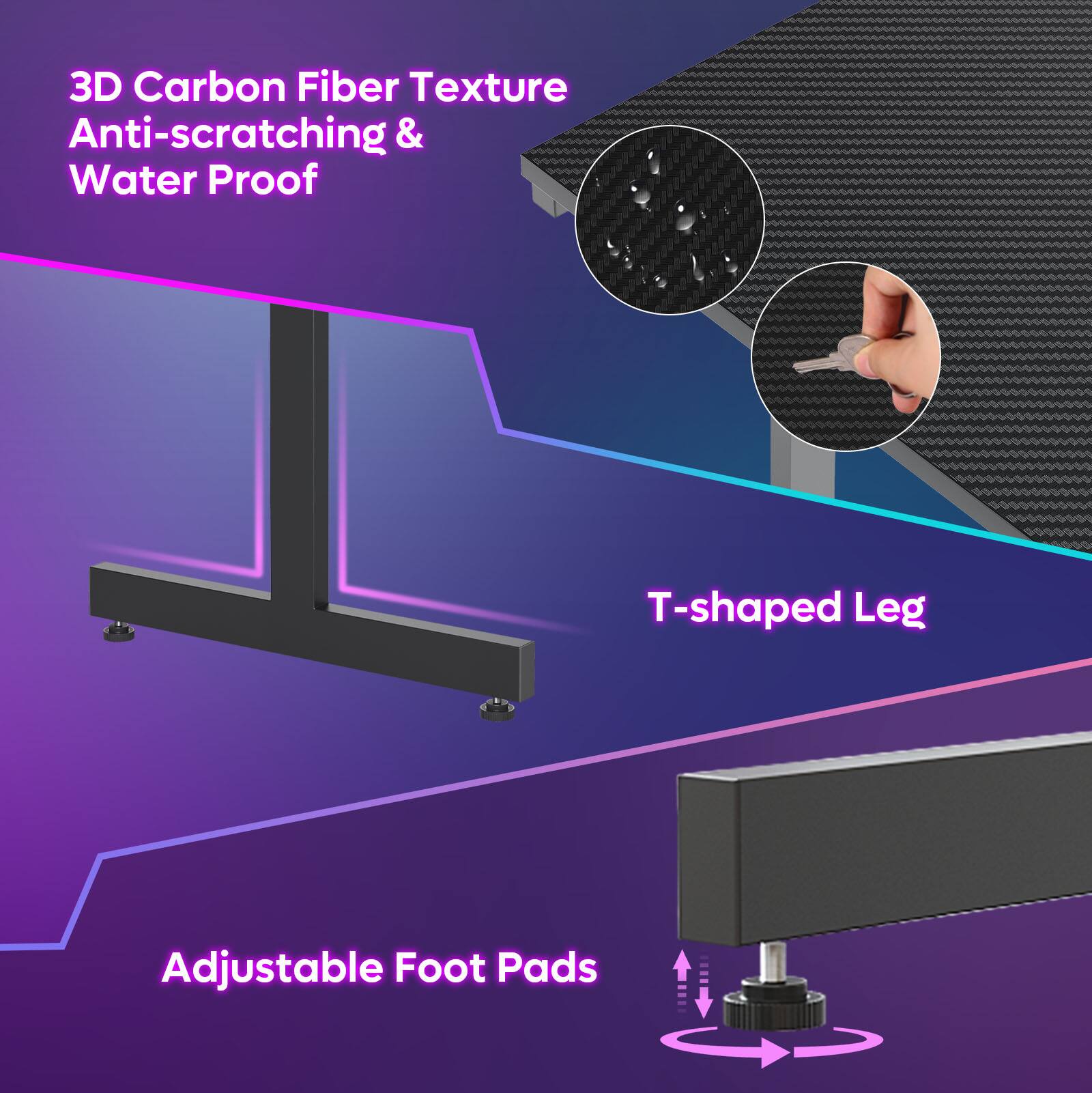 3D Carbon Fiber Texture, Anti-scratching & Water Proof, T-shaped Leg, Adjustable Foot Pads